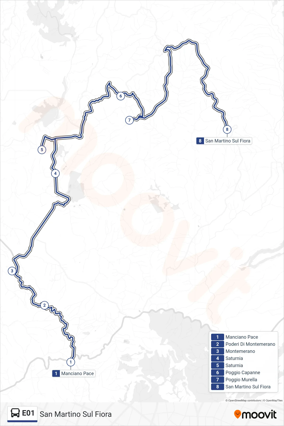 Linea E01 tram (San Martino Sul Fiora) - Percorsi e fermate sulla mappa