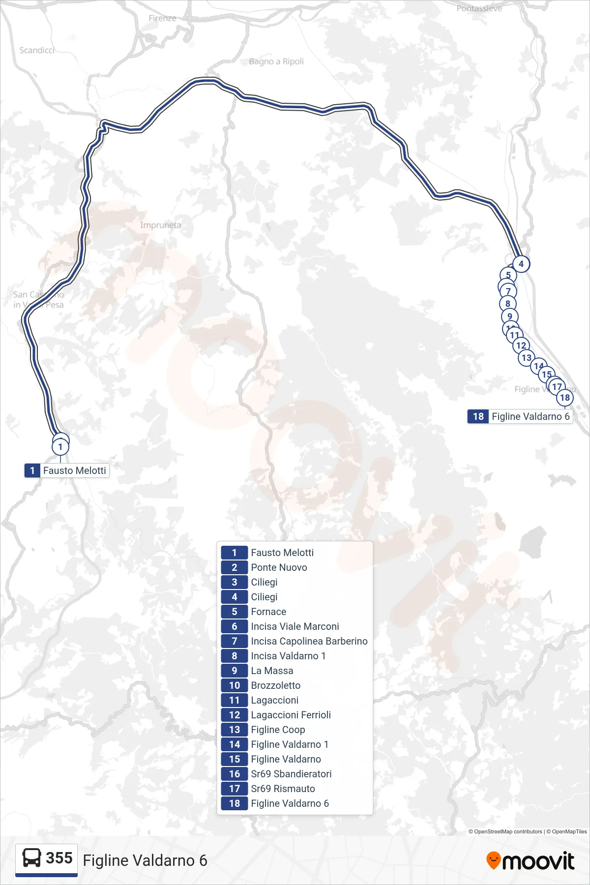 Linea 355 bus (Figline Valdarno 6) - Percorsi e fermate sulla mappa