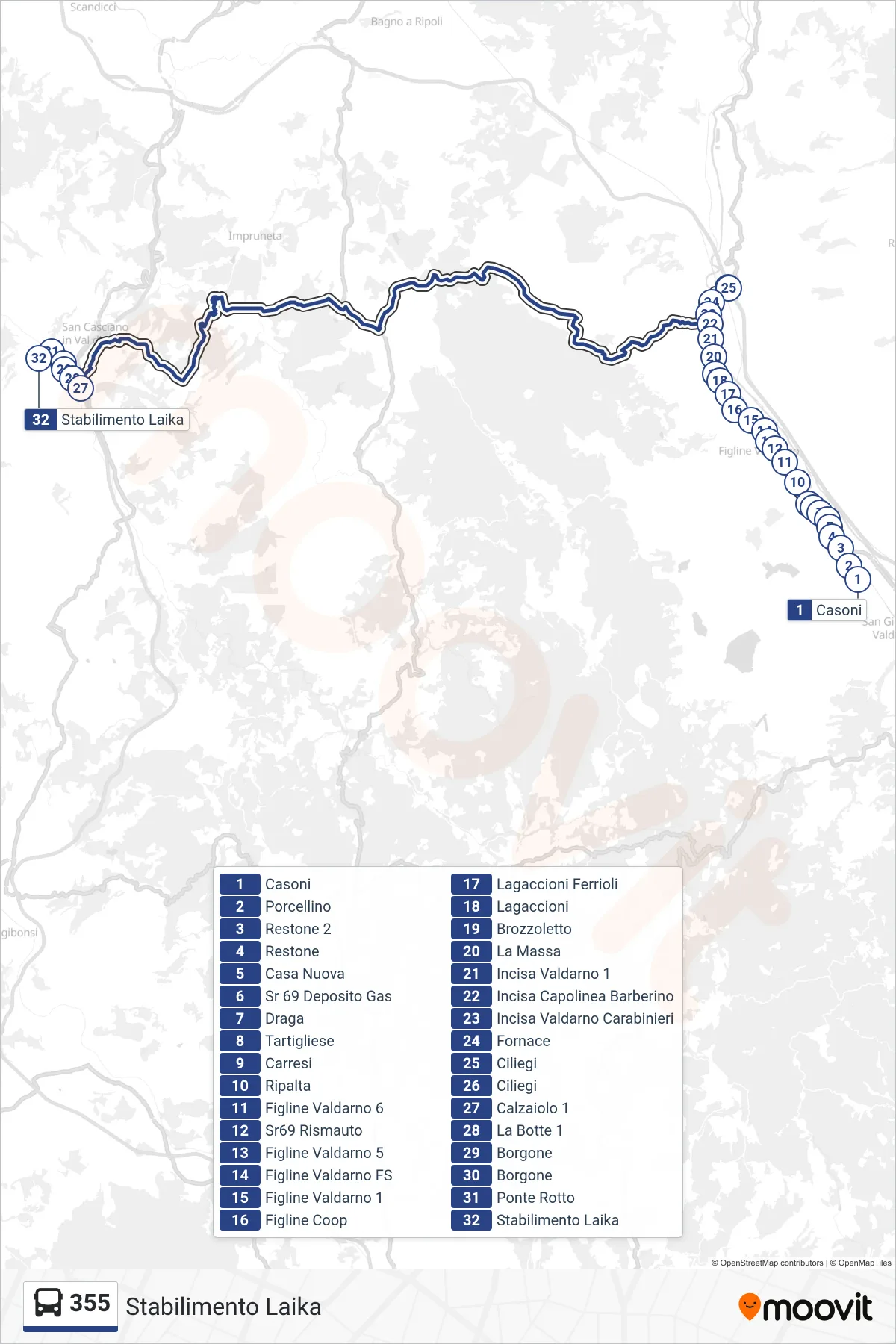Linea 355 bus (Stabilimento Laika) - Percorsi e fermate sulla mappa