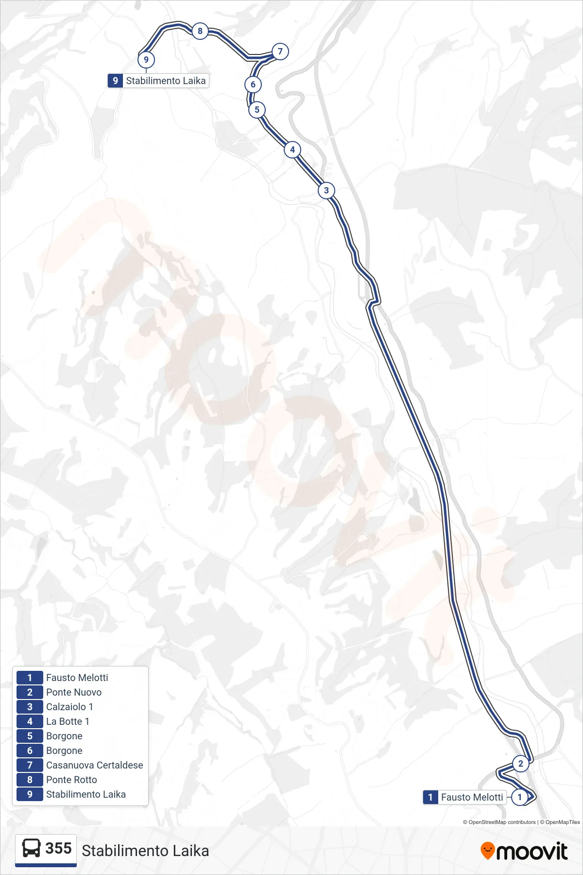 Linea 355 bus (Stabilimento Laika) - Percorsi e fermate sulla mappa