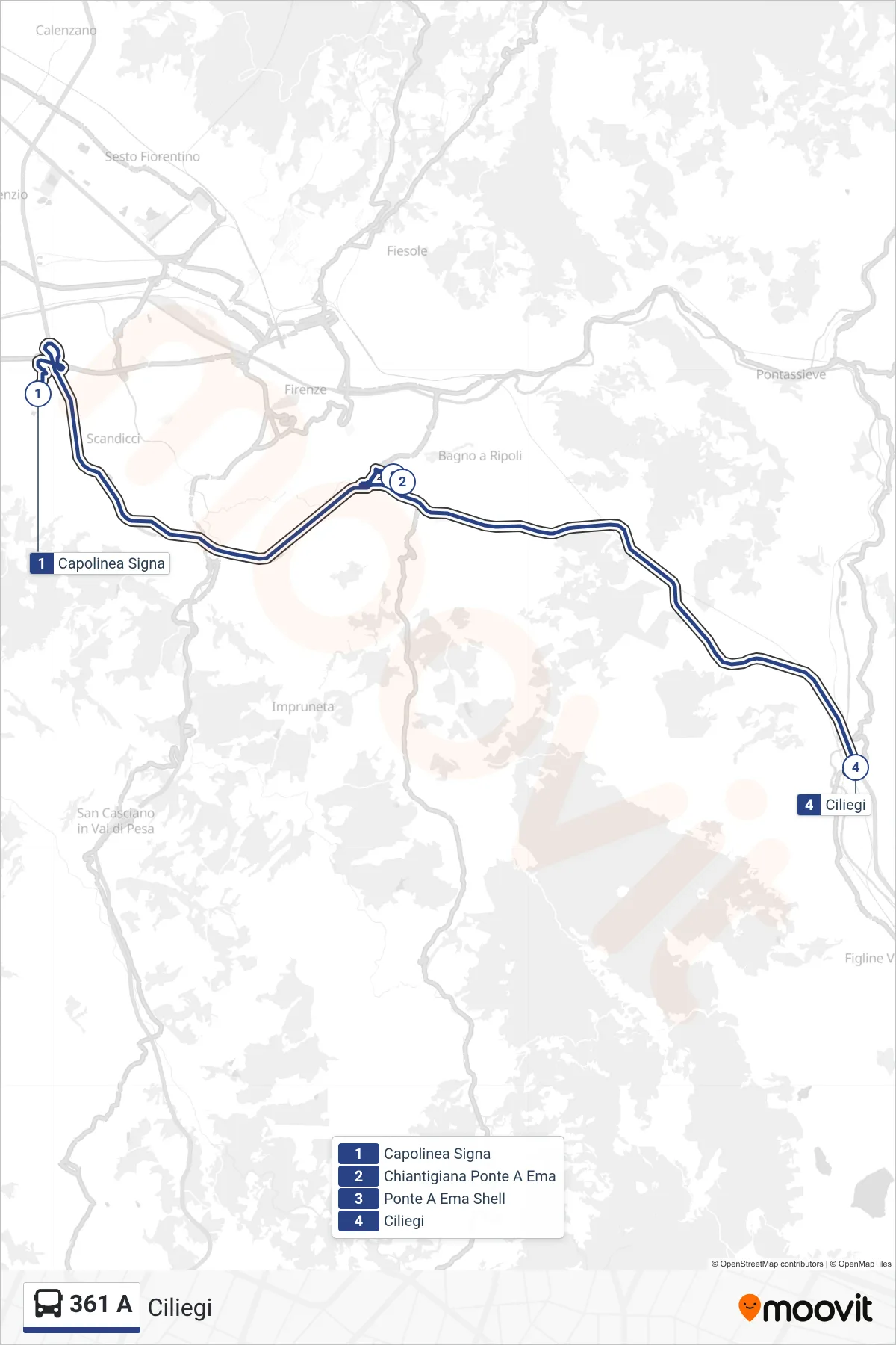Linea 361 A bus (Ciliegi) - Percorsi e fermate sulla mappa