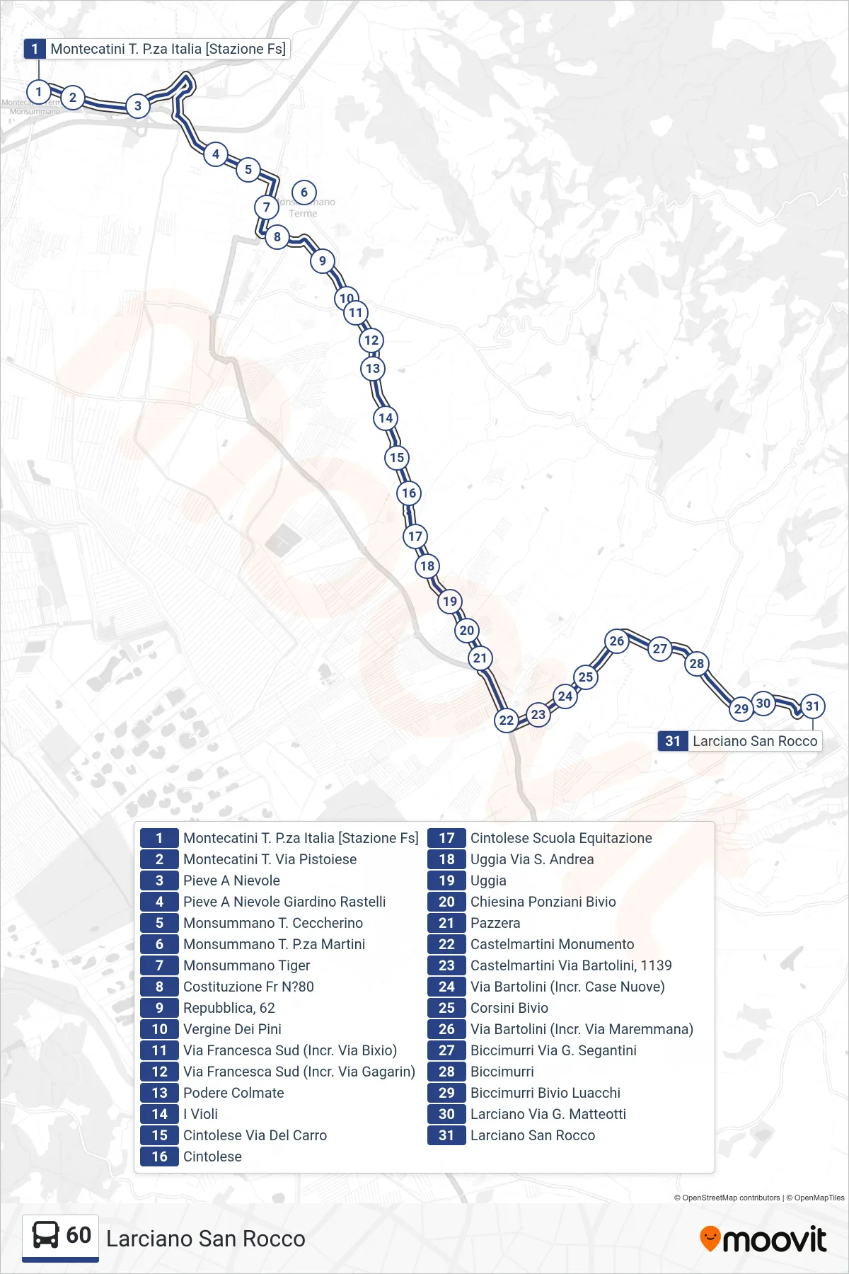 Linea 60  bus (Larciano San Rocco) - Percorsi e fermate sulla mappa