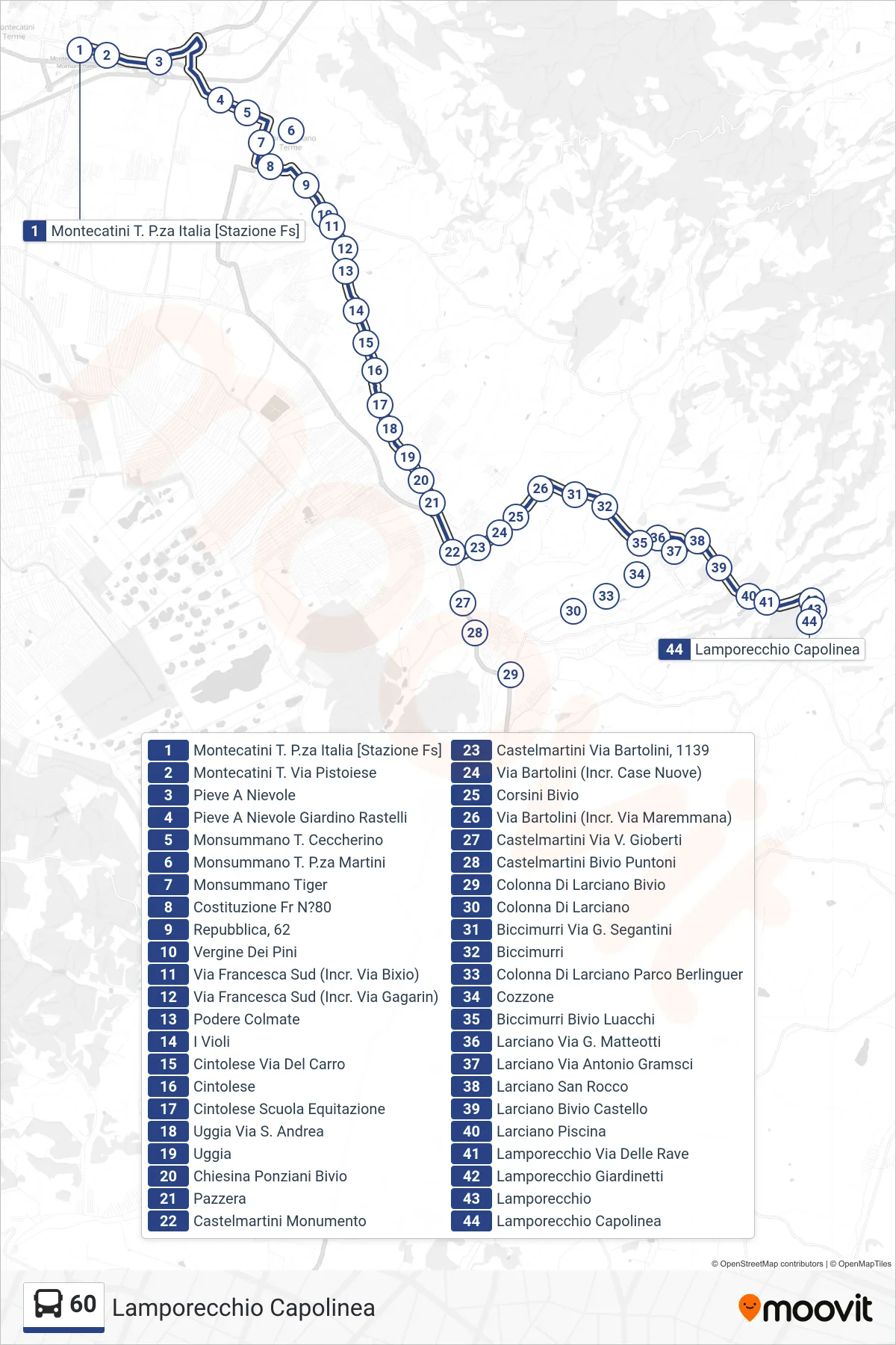 Linea 60 bus (Lamporecchio Capolinea) - Percorsi e fermate sulla mappa