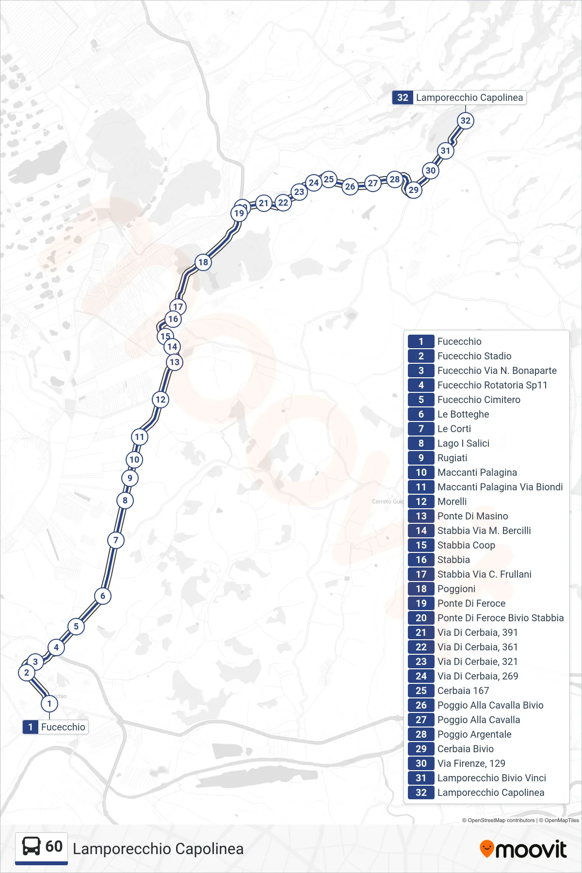 Linea 60 bus (Lamporecchio Capolinea) - Percorsi e fermate sulla mappa