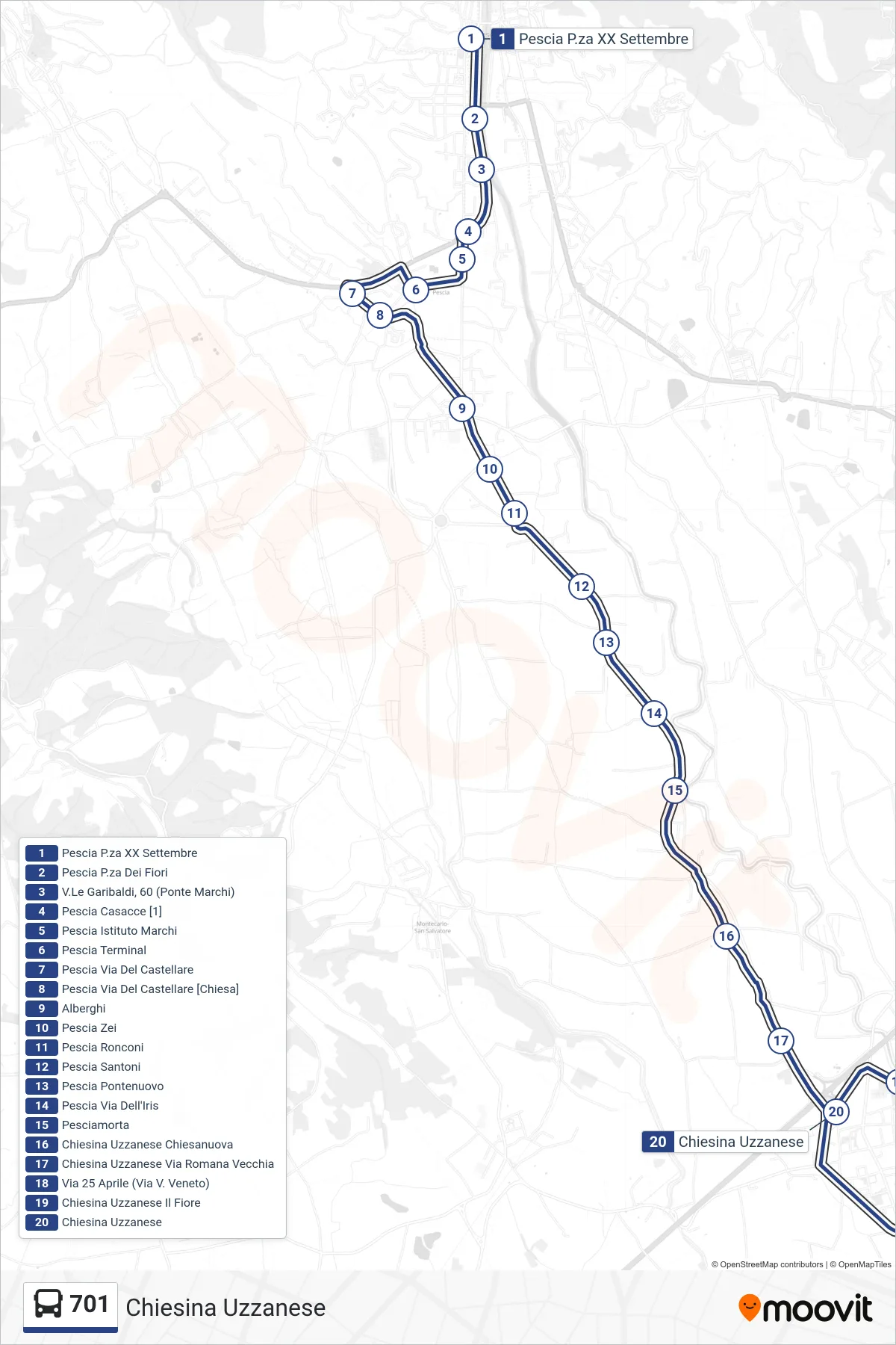 Linea 701  bus (Chiesina Uzzanese) - Percorsi e fermate sulla mappa