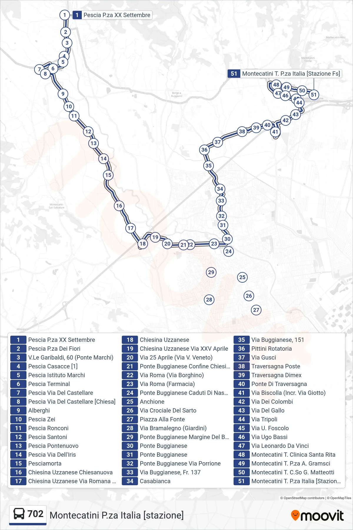 Linea 702  bus (Montecatini P.za Italia [stazione]) - Percorsi e fermate sulla mappa