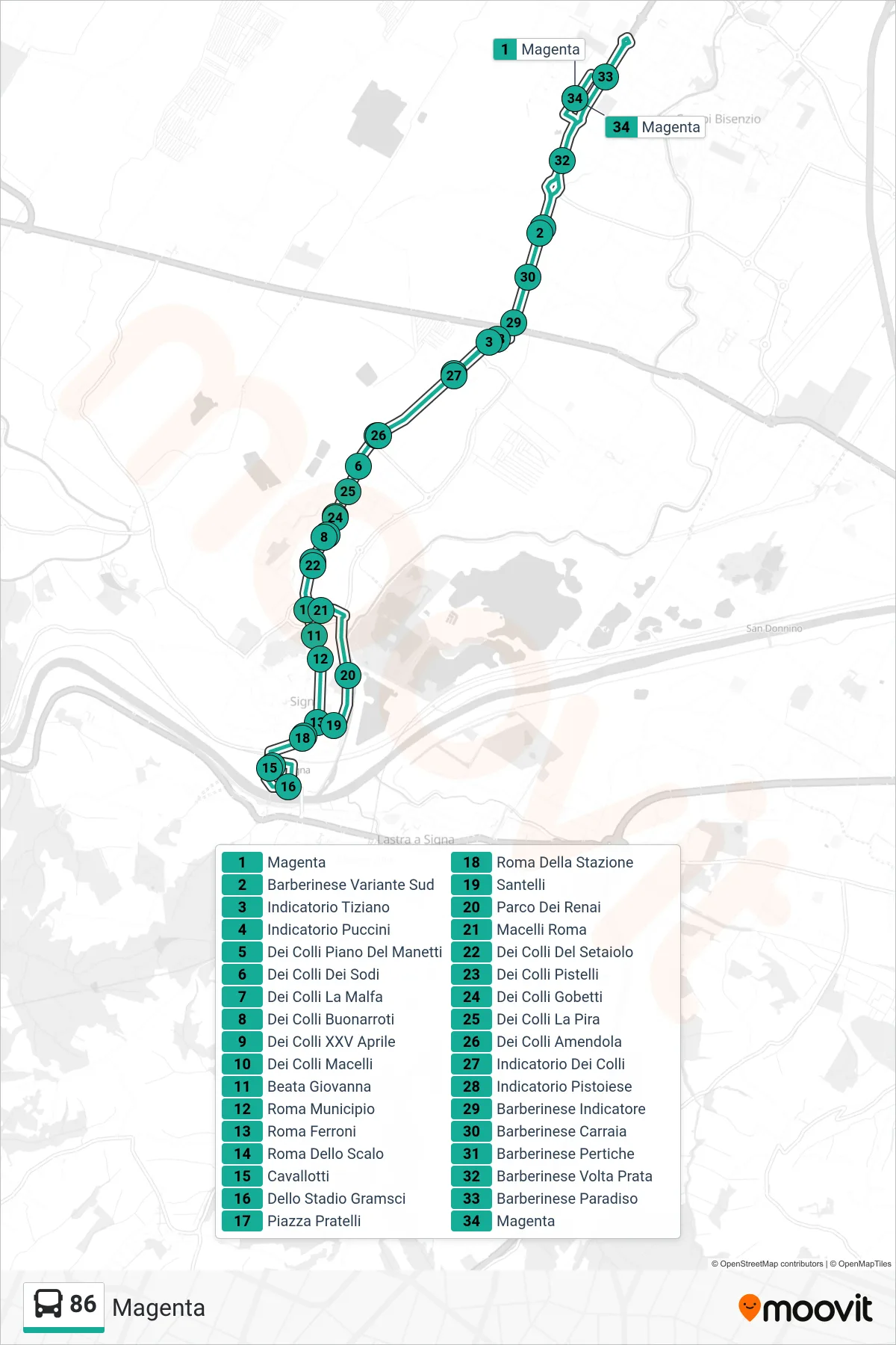 Linea 86  tram (Magenta) - Percorsi e fermate sulla mappa