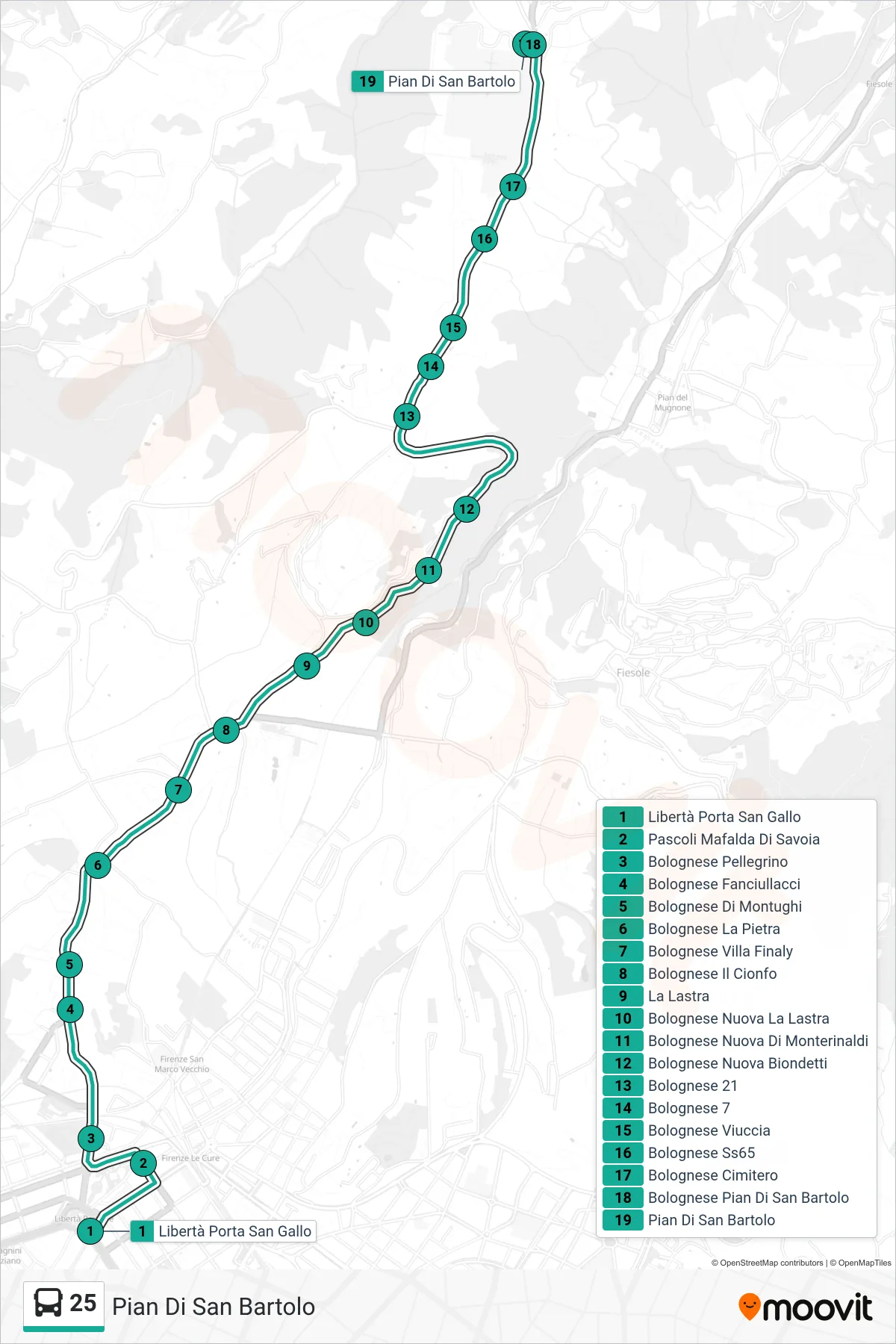 Linea 25 bus (Pian Di San Bartolo) - Percorsi e fermate sulla mappa