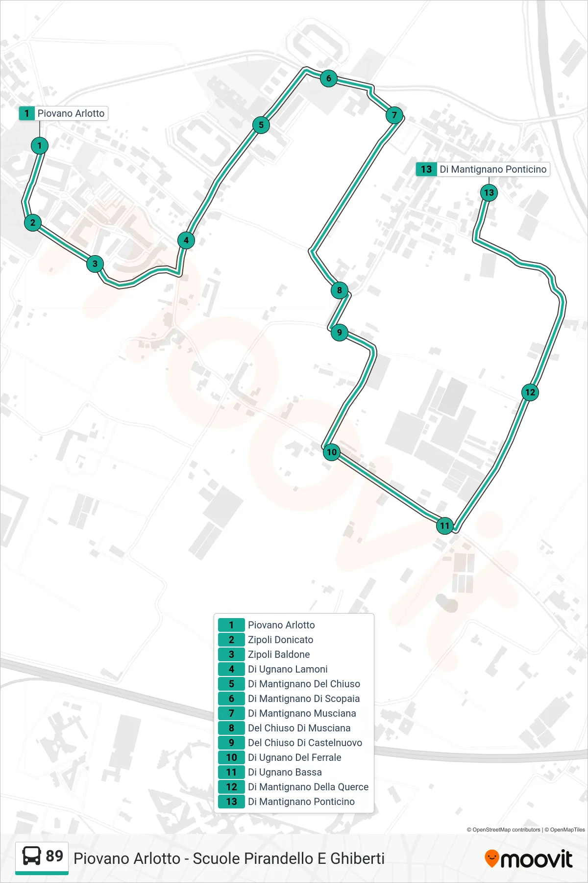 Linea 89 tram (Di Mantignano Ponticino) - Percorsi e fermate sulla mappa