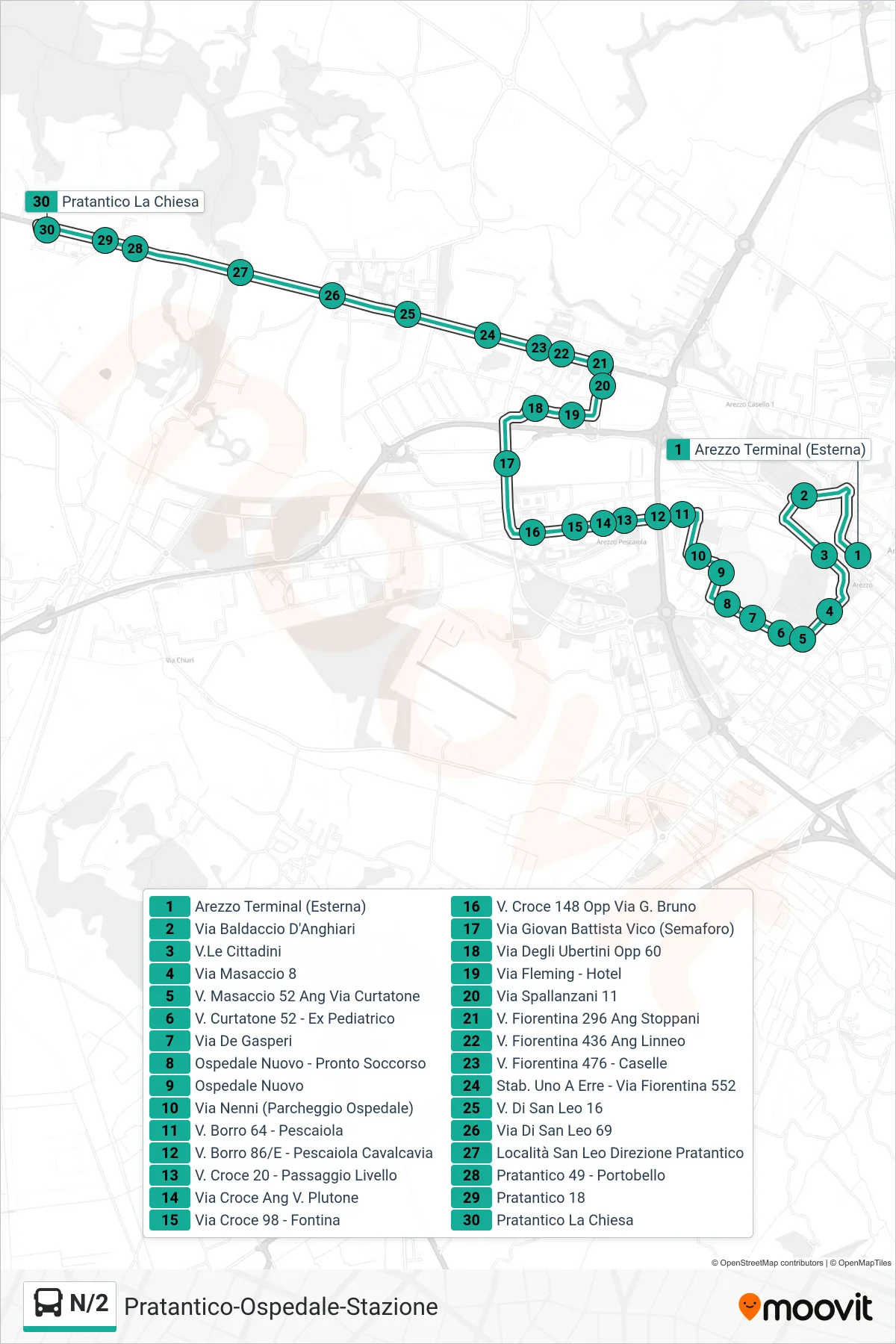 Linea N/2  tram (Pratantico La Chiesa) - Percorsi e fermate sulla mappa
