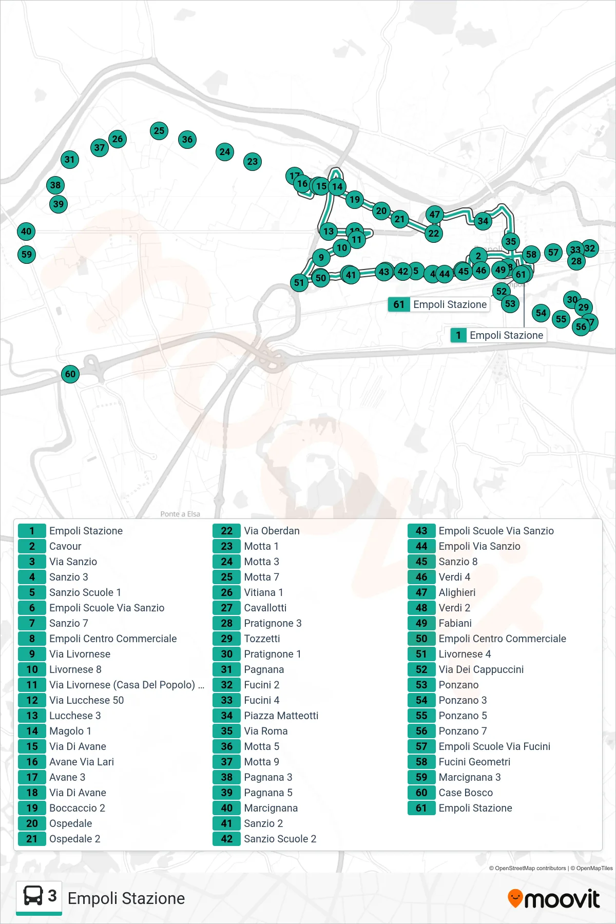 Linea 3  tram (Empoli Stazione) - Percorsi e fermate sulla mappa