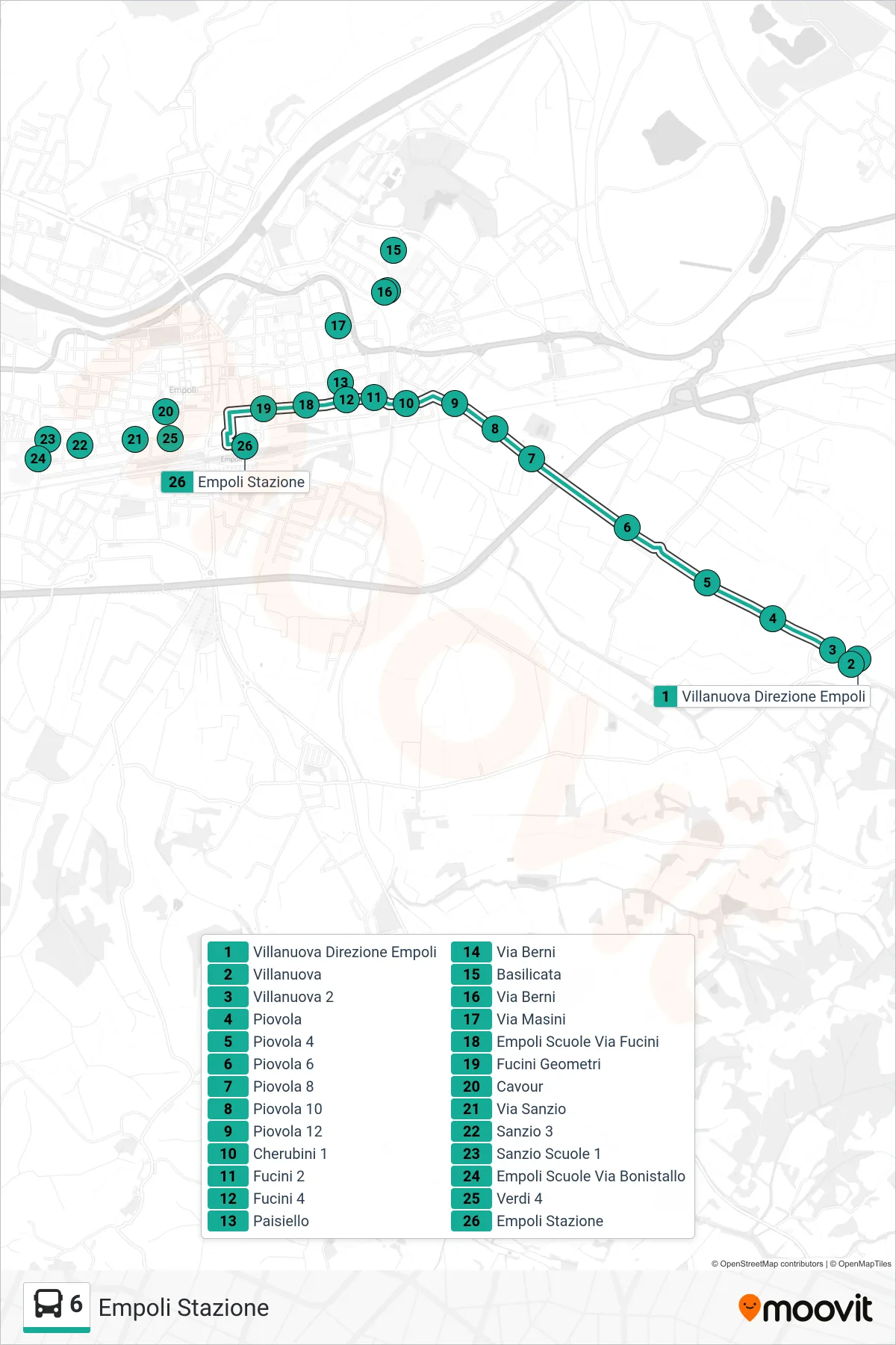 Linea 6  tram (Empoli Stazione) - Percorsi e fermate sulla mappa
