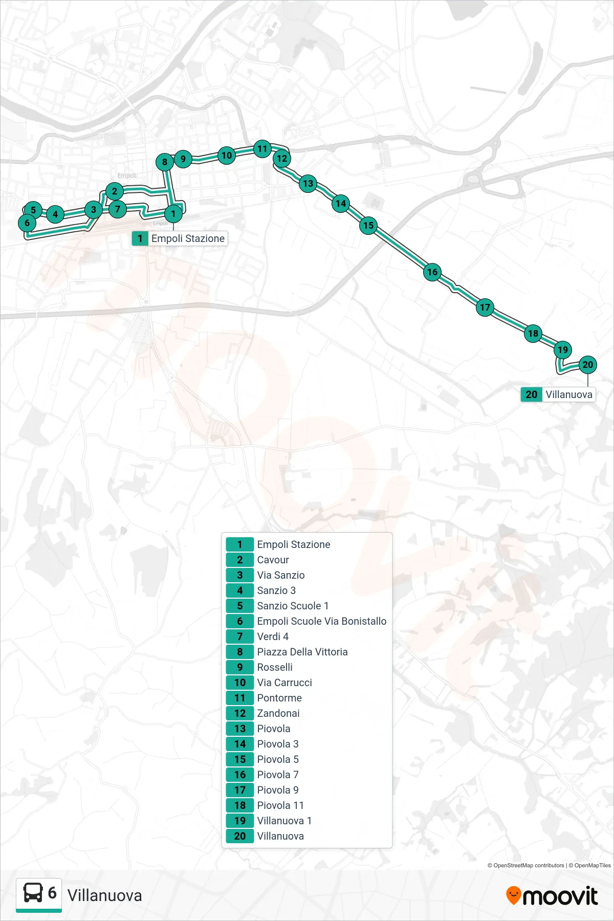Linea 6 tram (Villanuova) - Percorsi e fermate sulla mappa