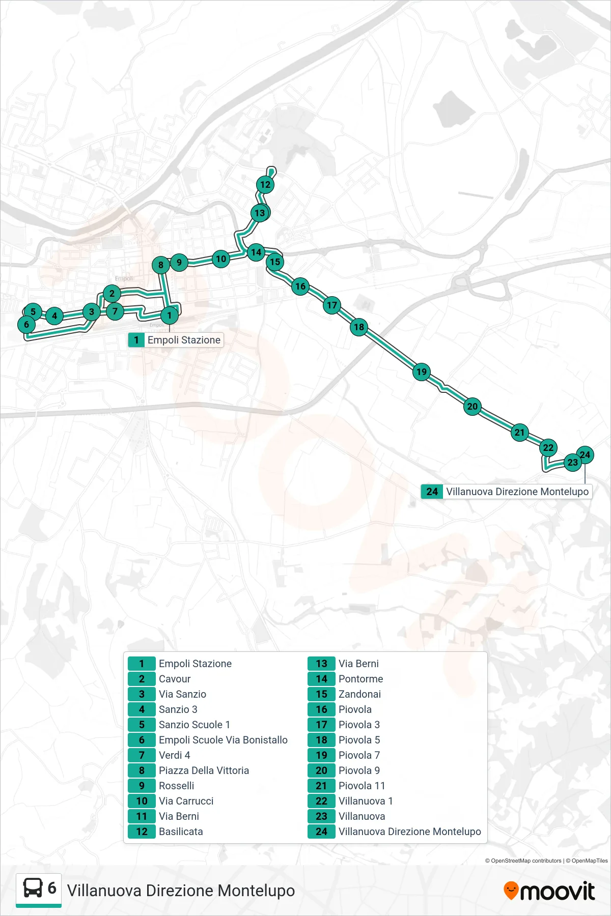 Linea 6  tram (Villanuova Direzione Montelupo) - Percorsi e fermate sulla mappa
