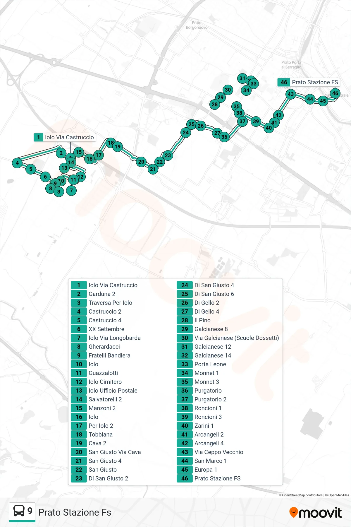 Linea 9  tram (Prato Stazione Fs) - Percorsi e fermate sulla mappa