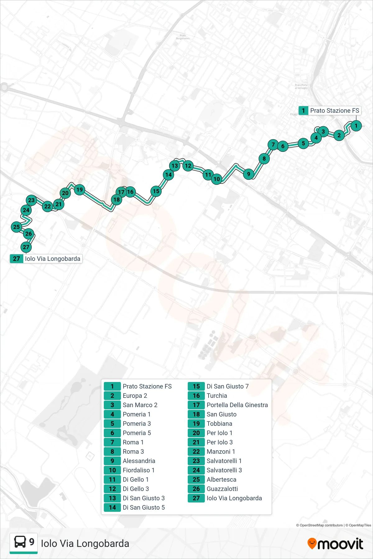 Linea 9 tram (Iolo Via Longobarda) - Percorsi e fermate sulla mappa