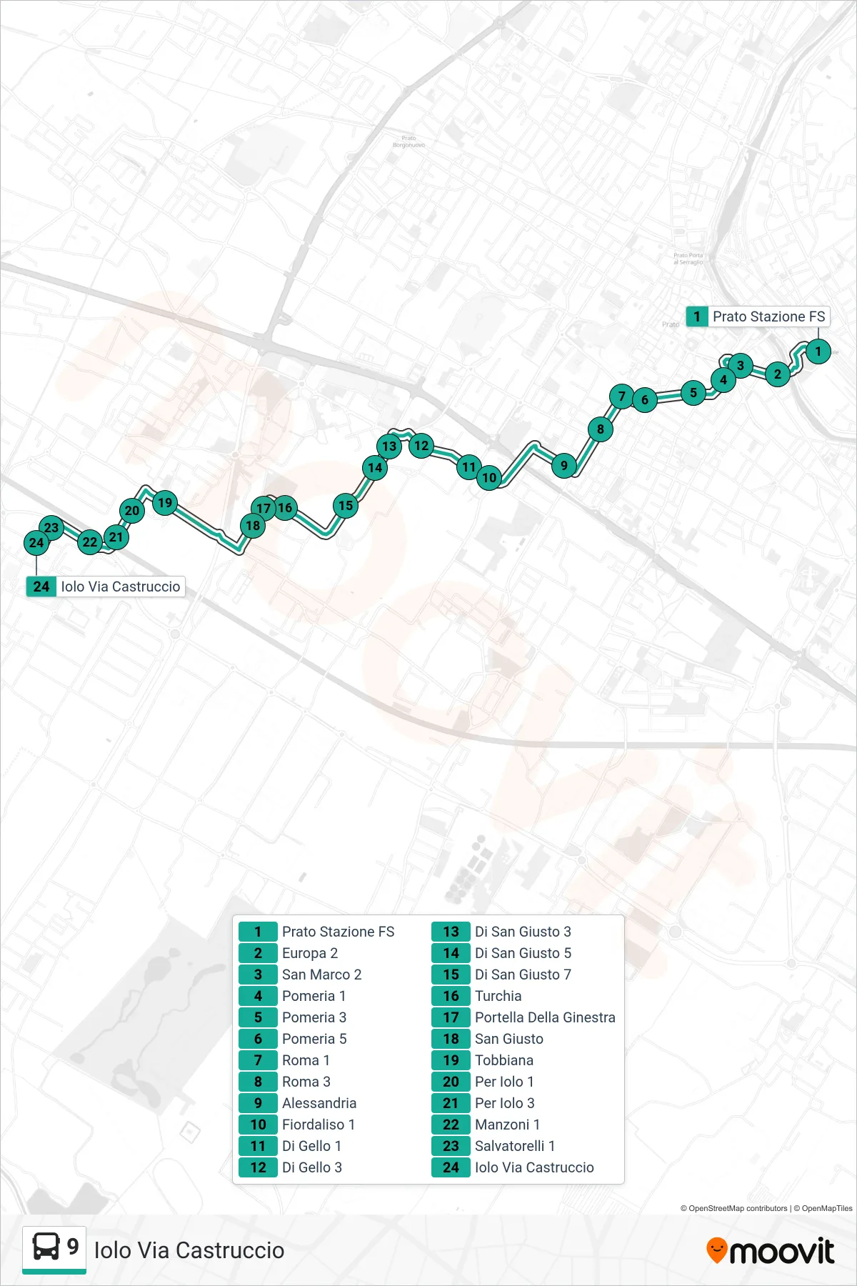 Linea 9 tram (Iolo Via Castruccio) - Percorsi e fermate sulla mappa