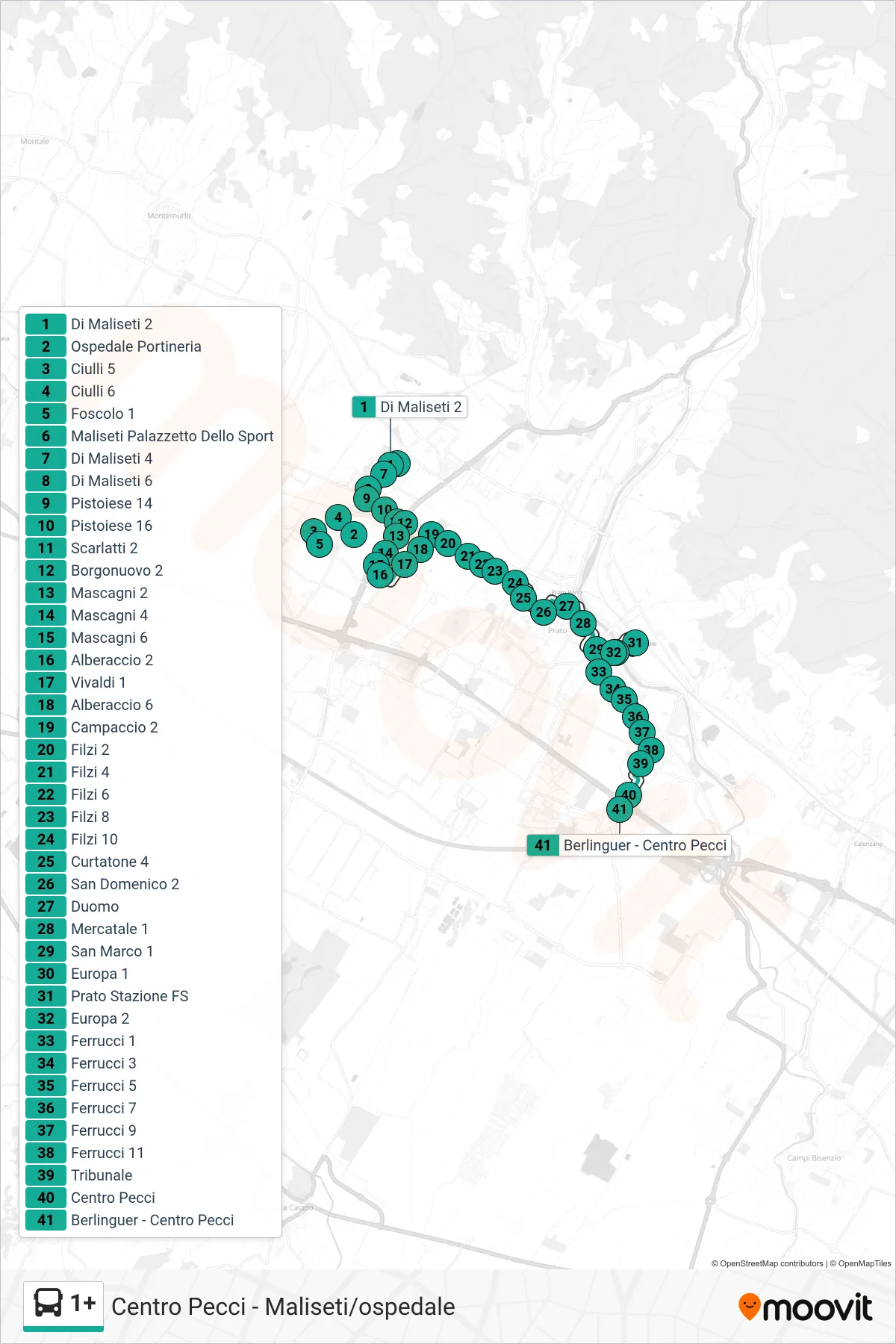 Linea 1+ tram (Centro Pecci) - Percorsi e fermate sulla mappa