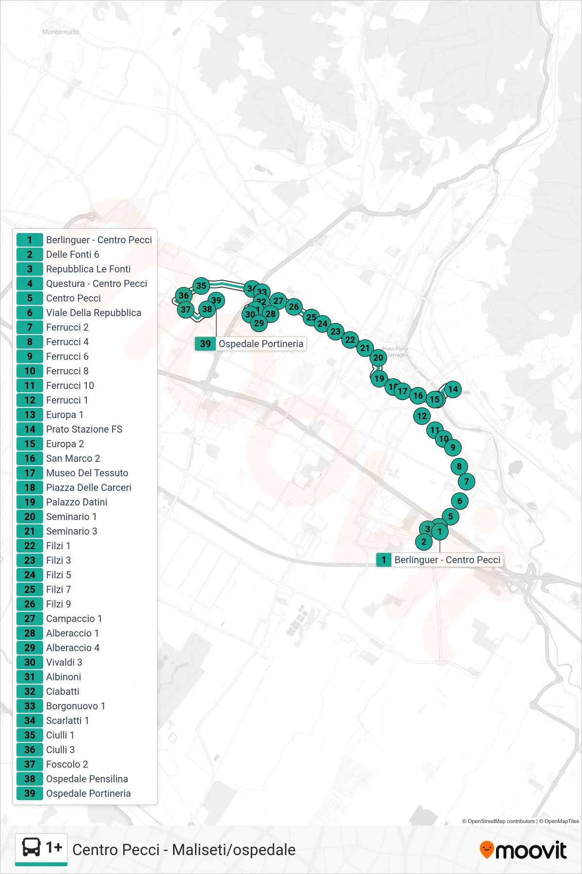 Linea 1+ tram (Ospedale Portineria) - Percorsi e fermate sulla mappa