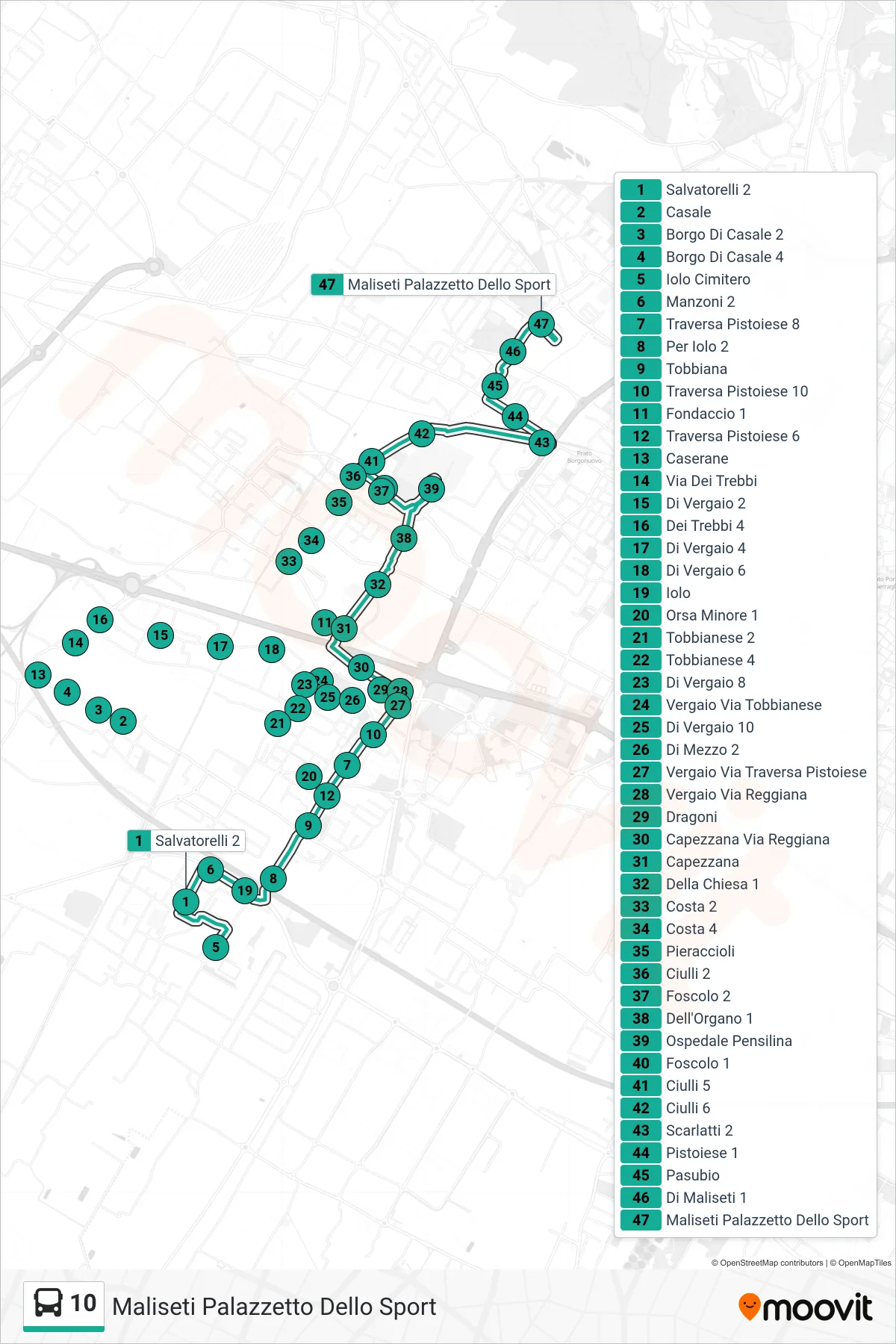 Linea 10 tram (Maliseti Palazzetto Dello Sport) - Percorsi e fermate sulla mappa