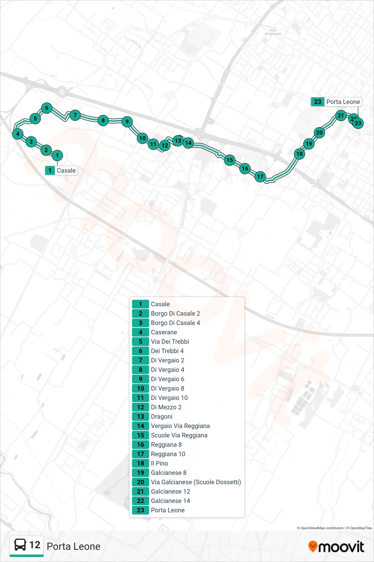 Linea 12  tram (Porta Leone) - Percorsi e fermate sulla mappa