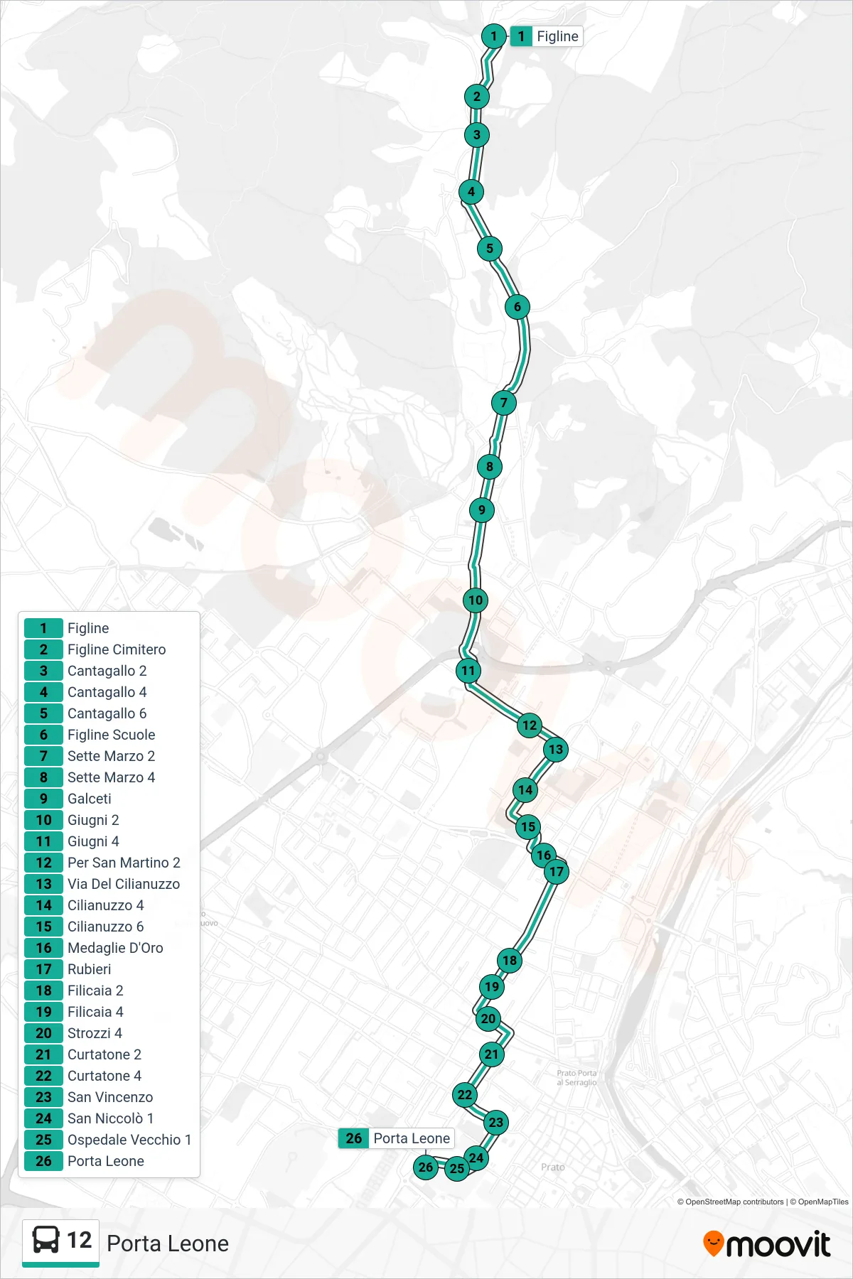 Linea 12  tram (Porta Leone) - Percorsi e fermate sulla mappa