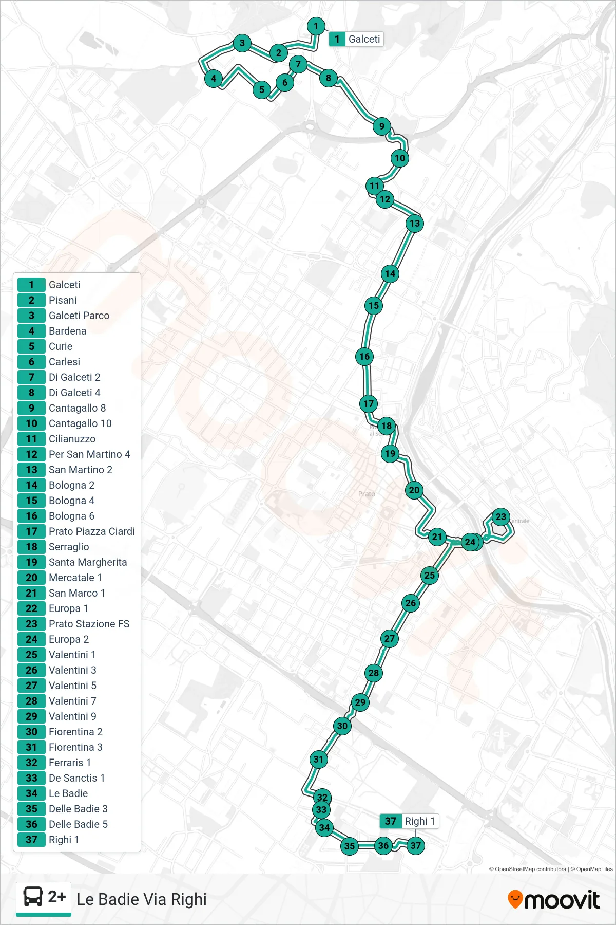 Linea 2+  tram (Le Badie Via Righi) - Percorsi e fermate sulla mappa