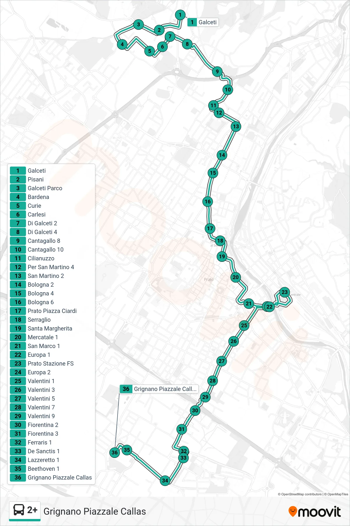 Linea 2+ tram (Grignano Piazzale Callas) - Percorsi e fermate sulla mappa