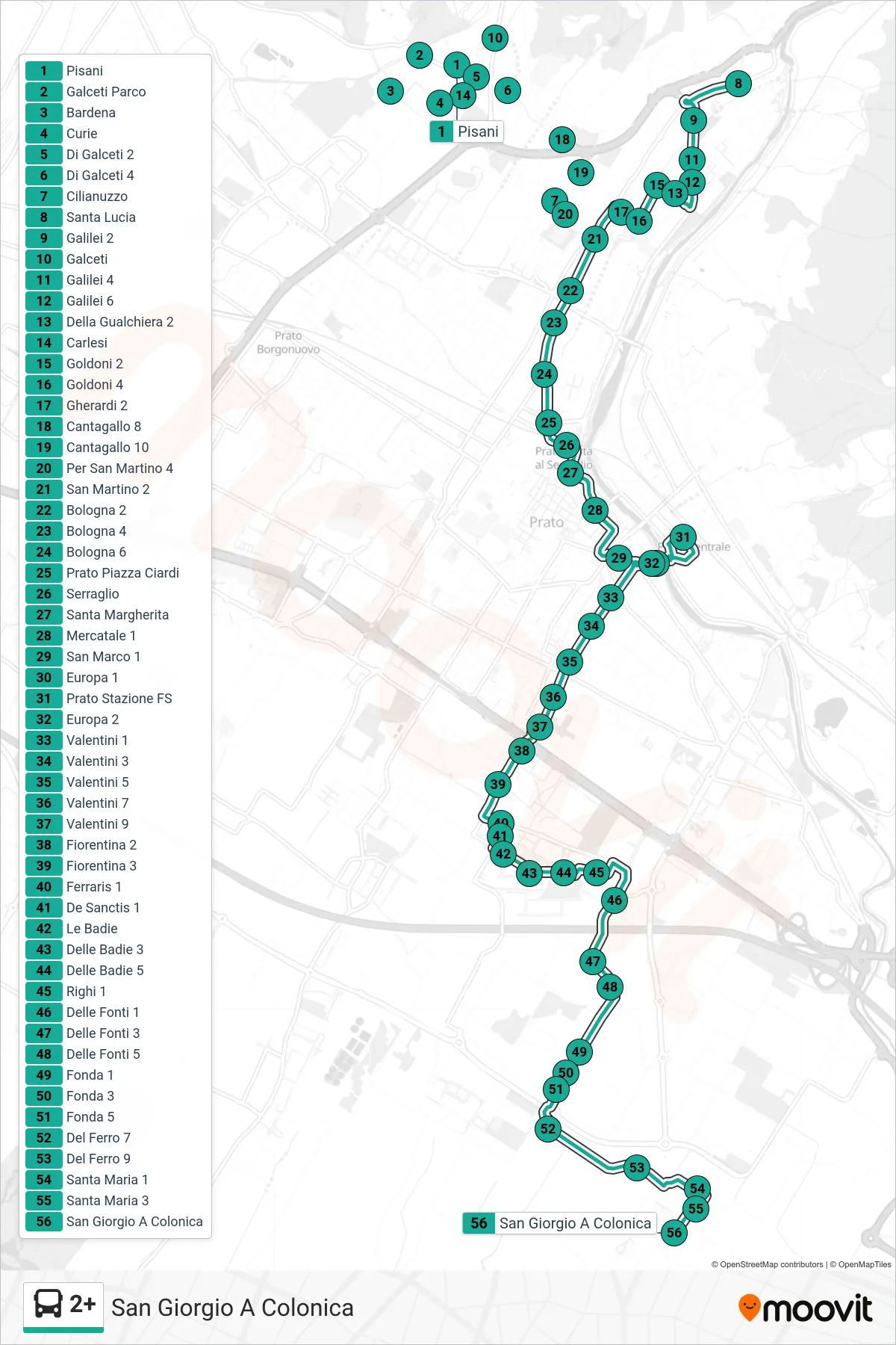 Linea 2+ tram (San Giorgio A Colonica) - Percorsi e fermate sulla mappa