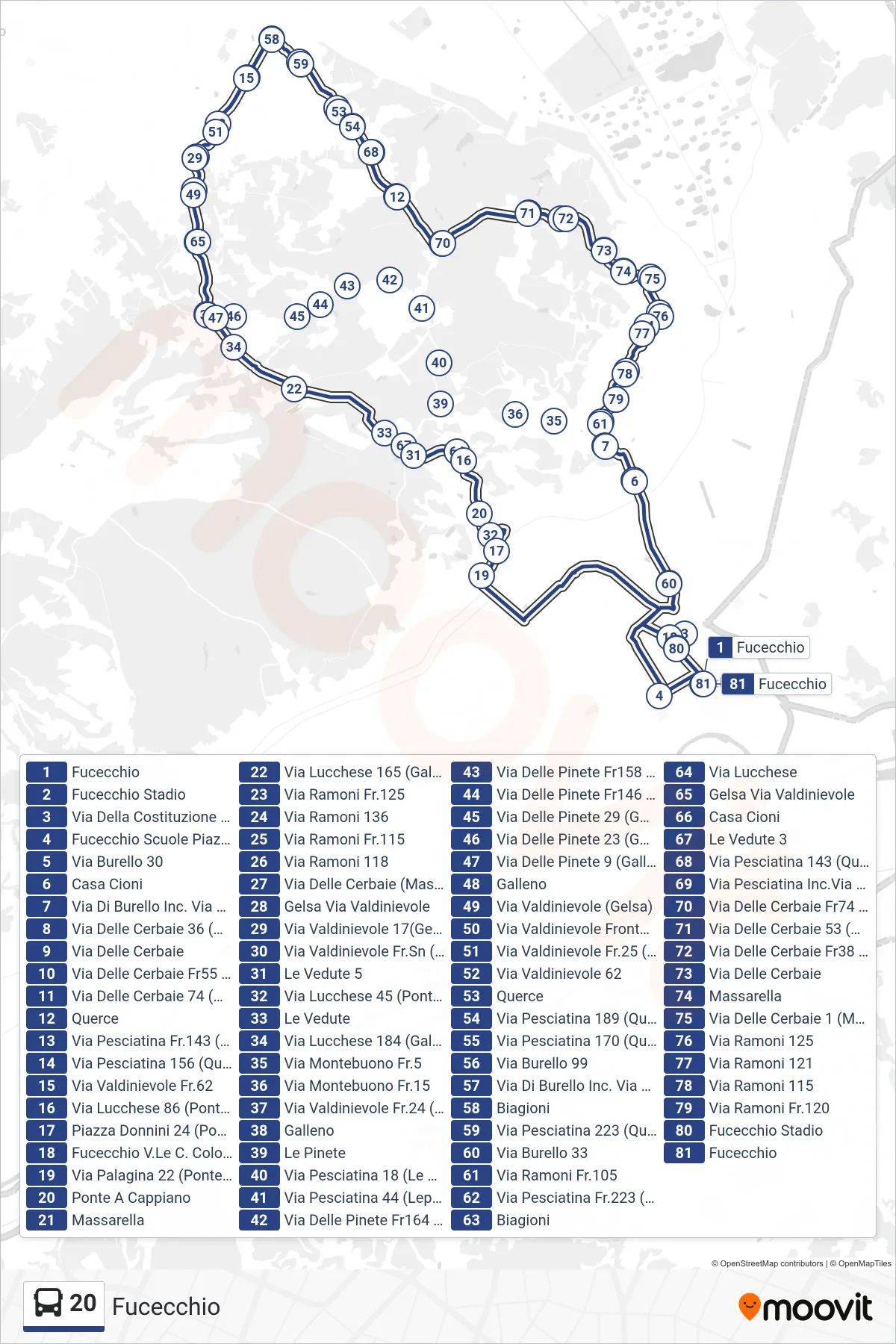 Linea 20 tram (Fucecchio) - Percorsi e fermate sulla mappa