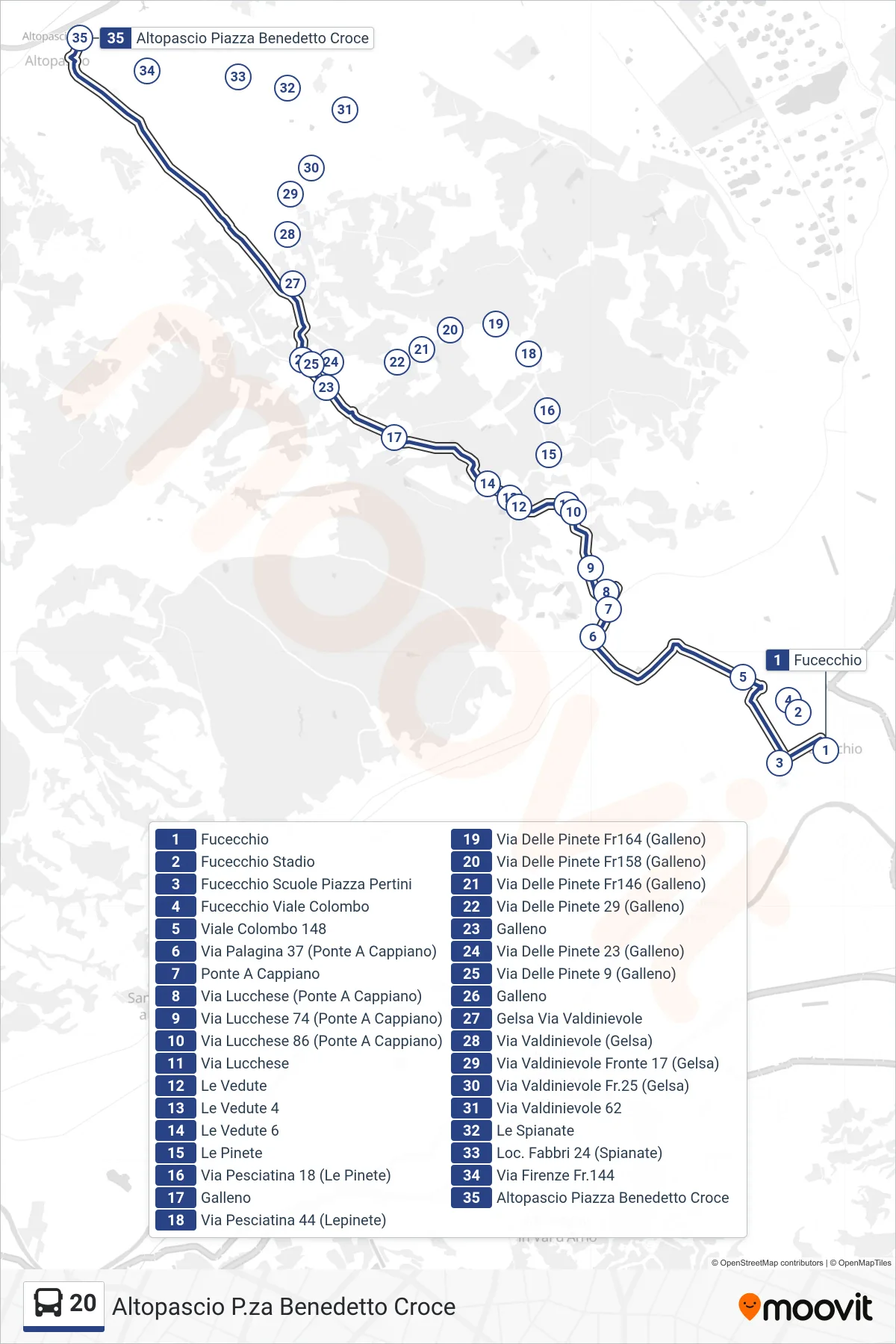 Linea 20  tram (Altopascio P.za Benedetto Croce) - Percorsi e fermate sulla mappa