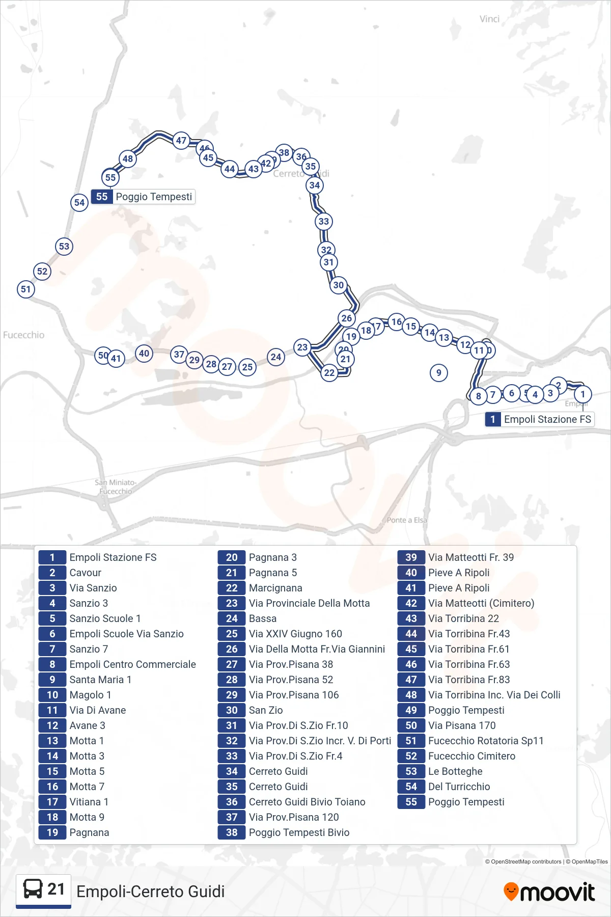 Linea 21 tram (Poggio Tempesti) - Percorsi e fermate sulla mappa