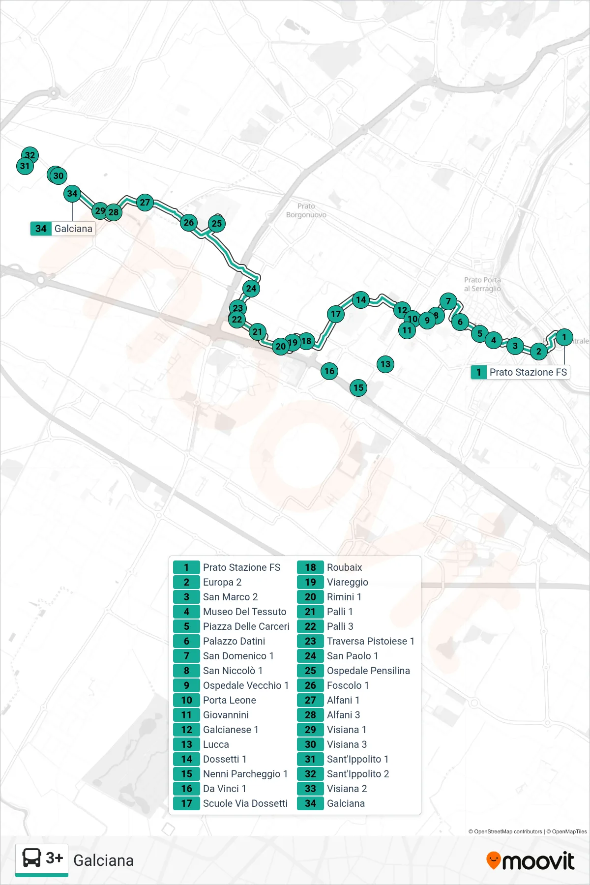 Linea 3+ tram (Galciana) - Percorsi e fermate sulla mappa