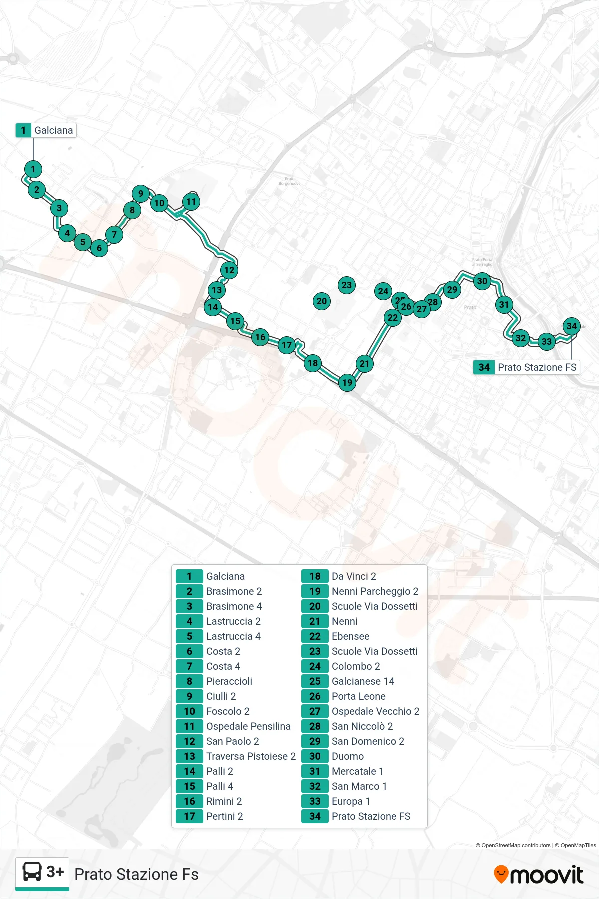Linea 3+ tram (Prato Stazione Fs) - Percorsi e fermate sulla mappa