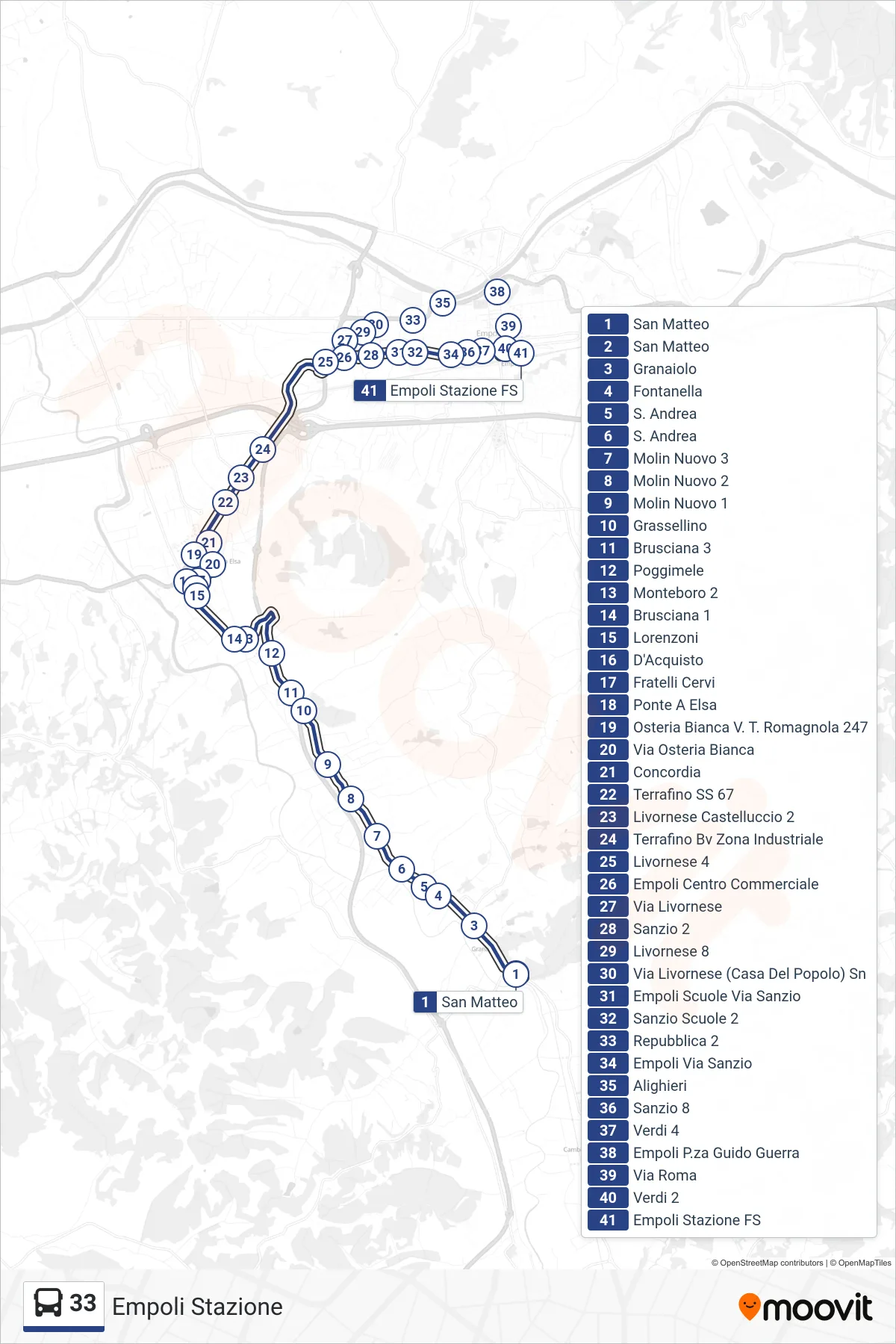 Linea 33 tram (Empoli Stazione) - Percorsi e fermate sulla mappa
