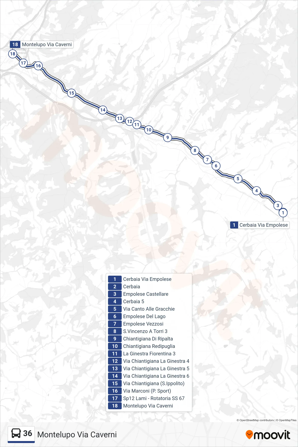 Linea 36  tram (Montelupo Via Caverni) - Percorsi e fermate sulla mappa