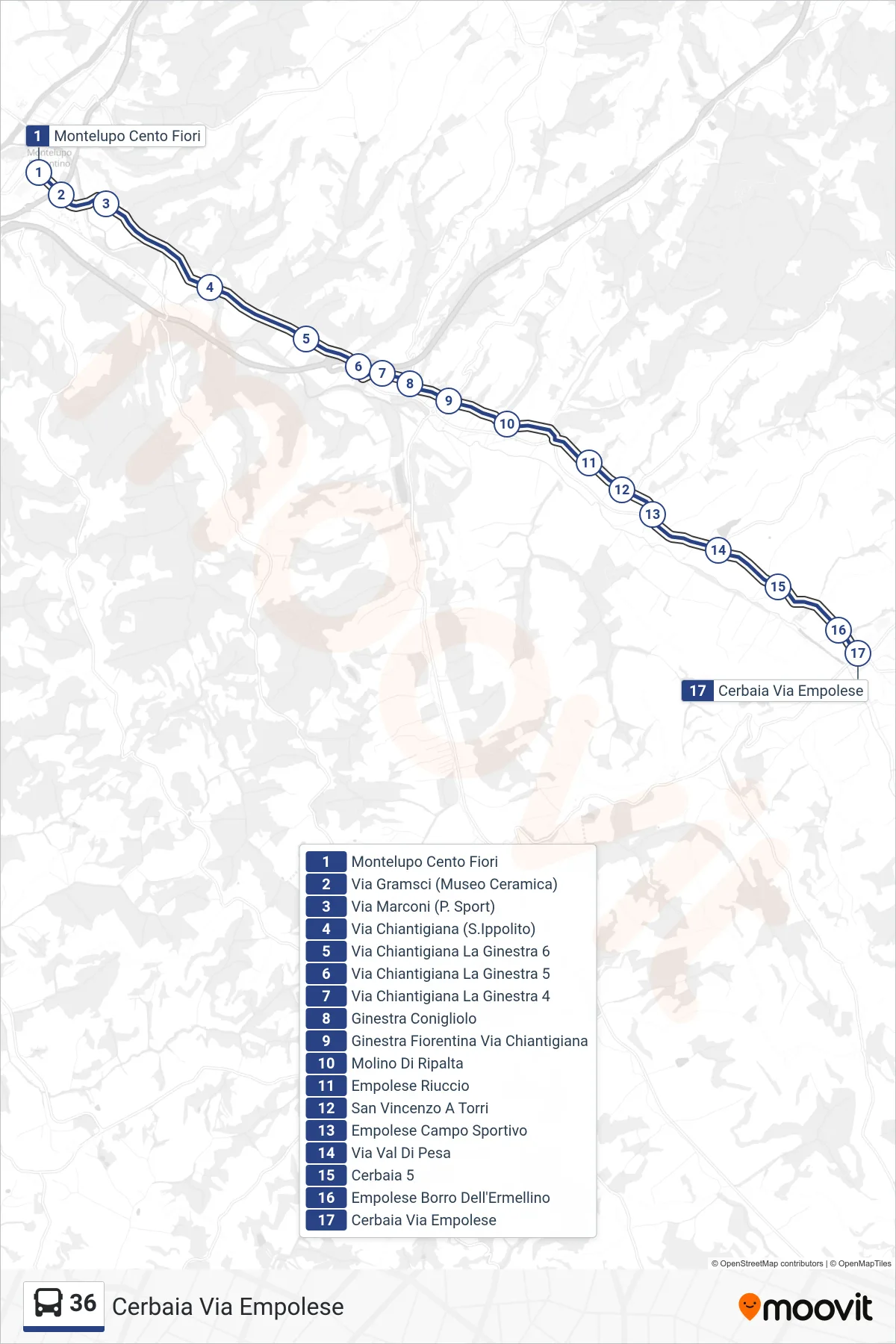 Linea 36 tram (Cerbaia Via Empolese) - Percorsi e fermate sulla mappa