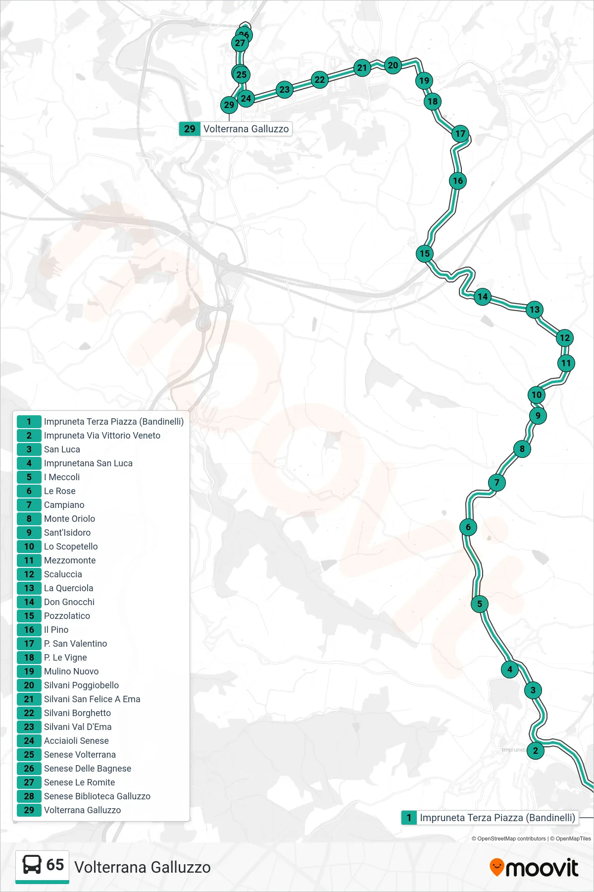 Linea 65 tram (Volterrana Galluzzo) - Percorsi e fermate sulla mappa