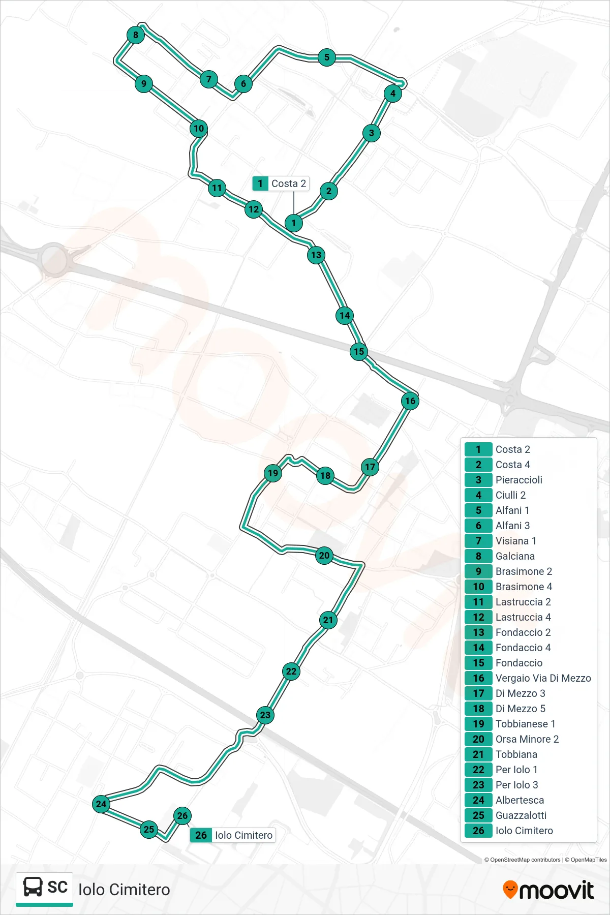 Linea SC tram (Iolo Cimitero) - Percorsi e fermate sulla mappa