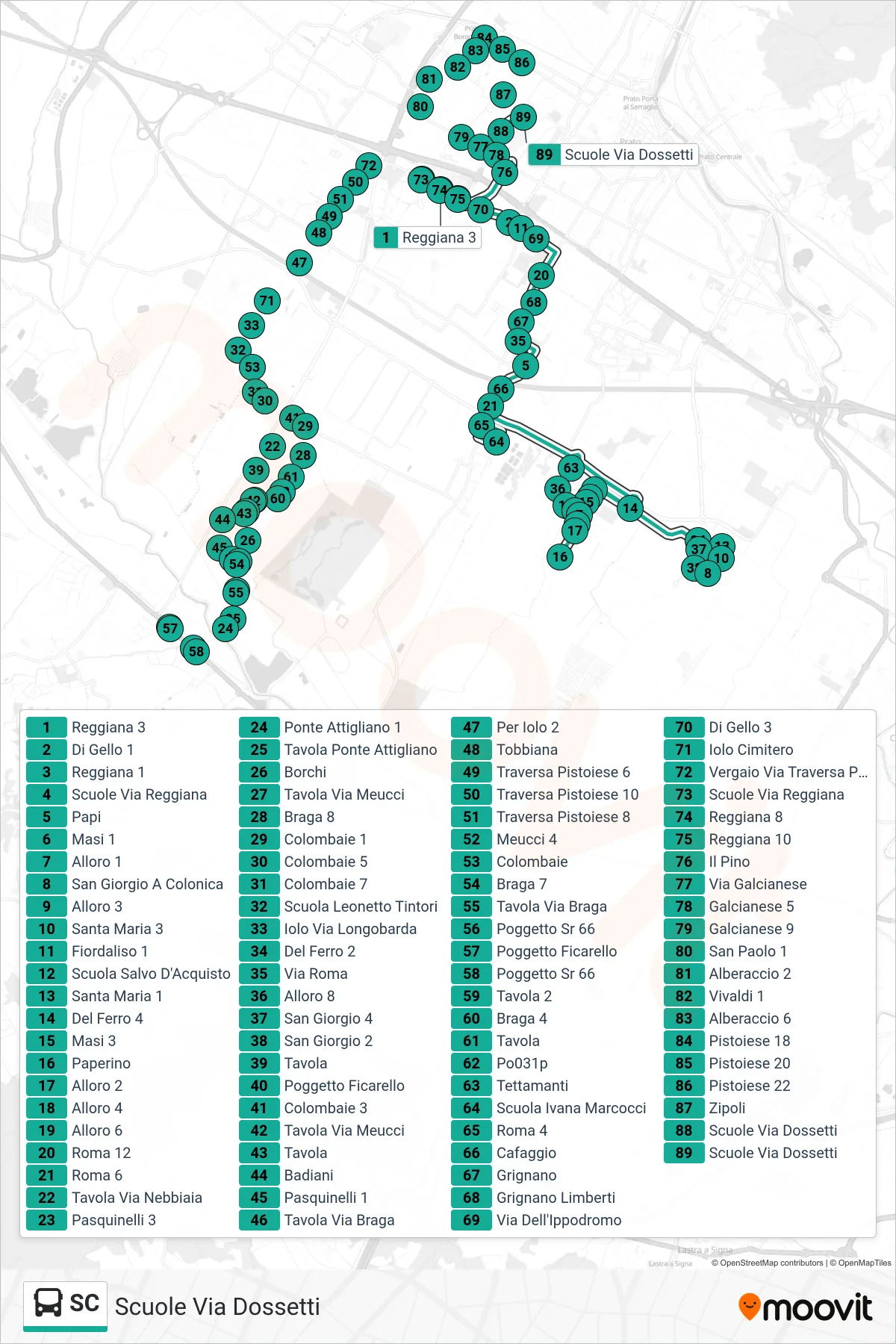 Linea SC  tram (Scuole Via Dossetti) - Percorsi e fermate sulla mappa