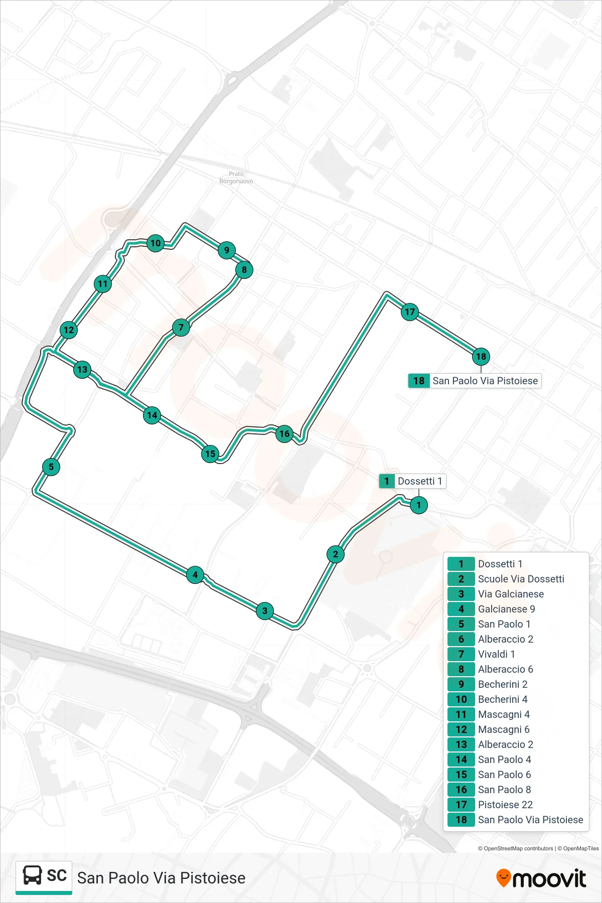 SC tram Line (San Paolo Via Pistoiese) route and stops on a map
