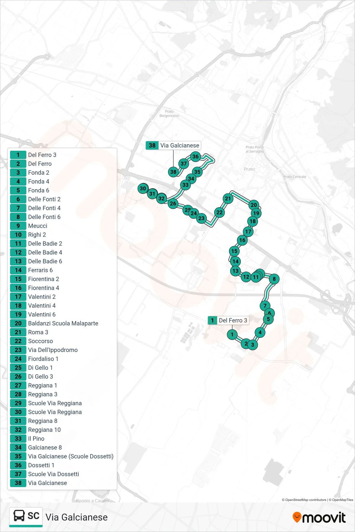 Linea SC tram (Via Galcianese) - Percorsi e fermate sulla mappa