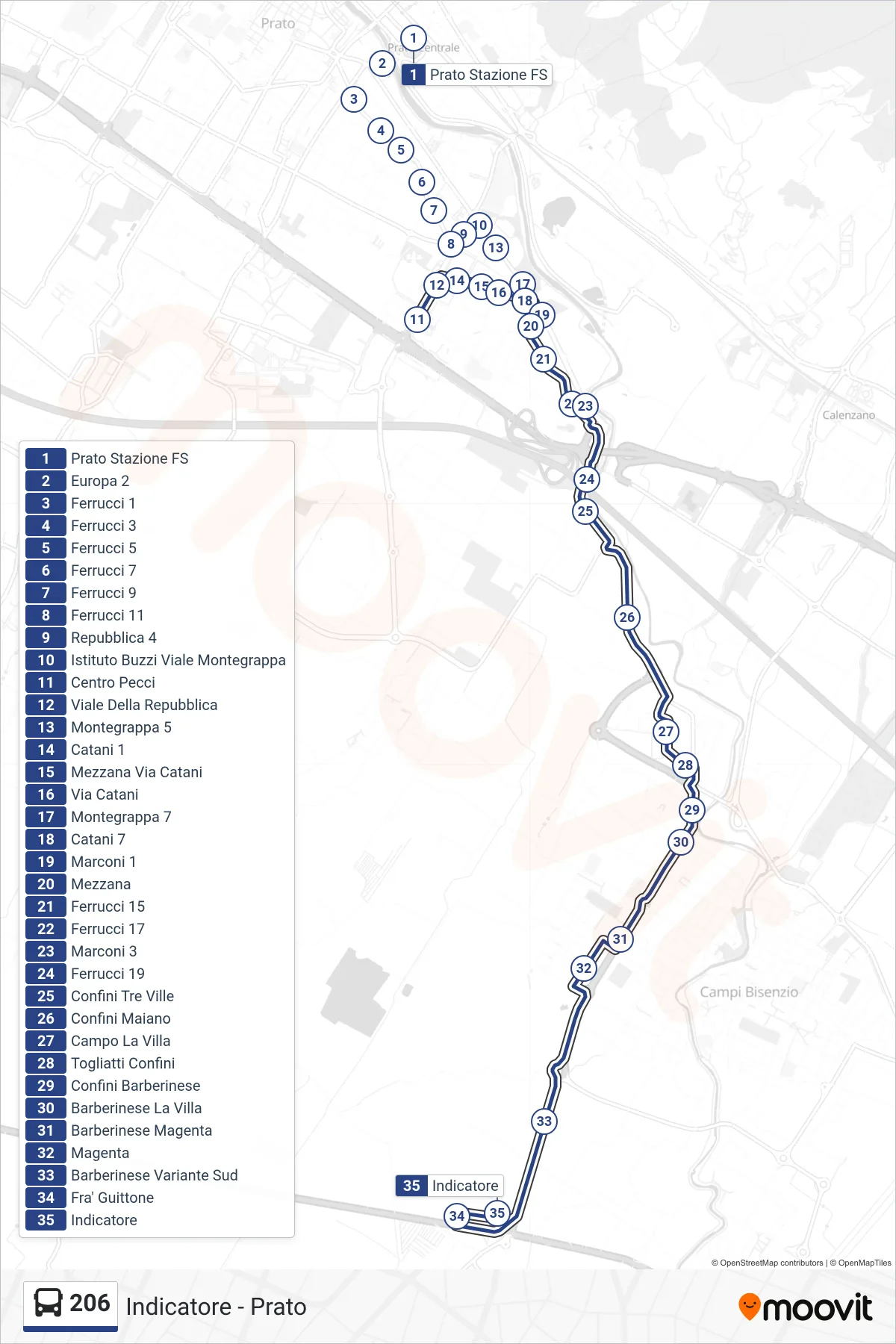 Linea 206 tram (Indicatore) - Percorsi e fermate sulla mappa