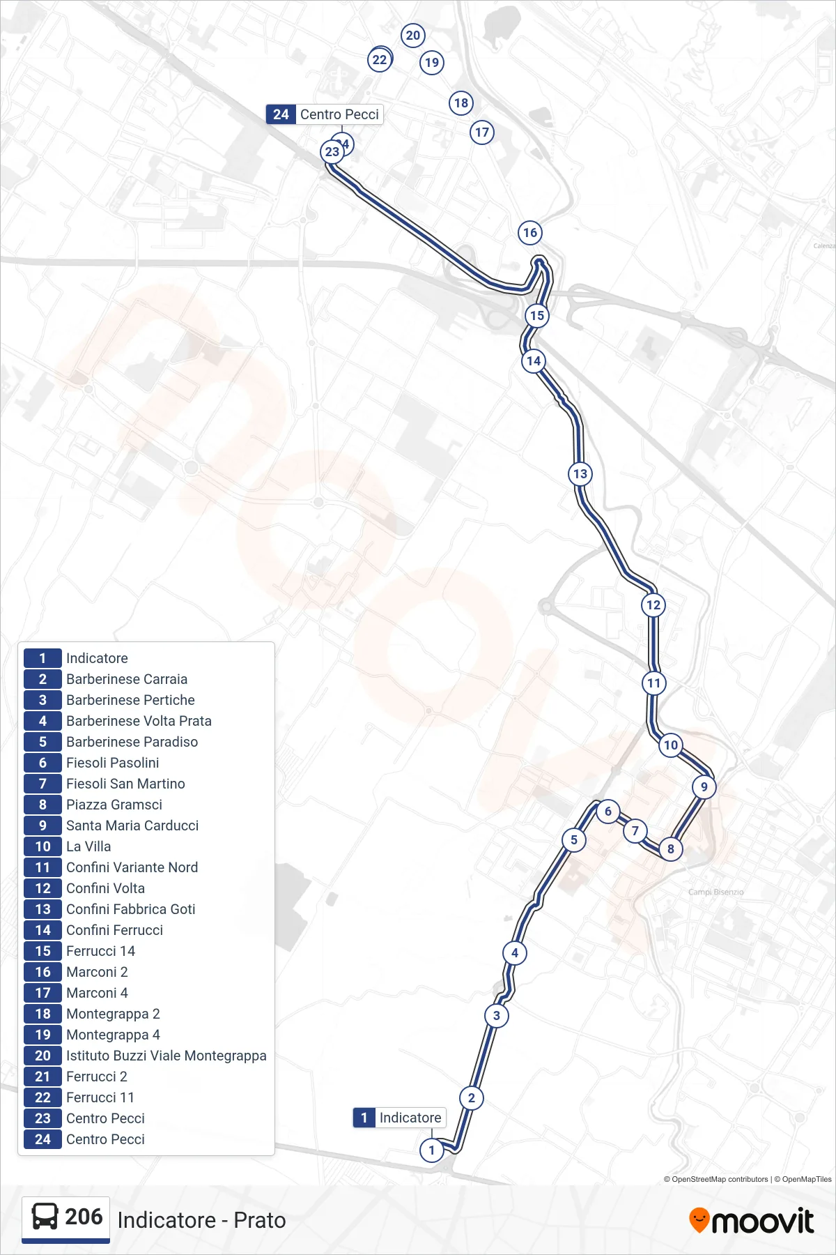 Linea 206 tram (Centro Pecci) - Percorsi e fermate sulla mappa