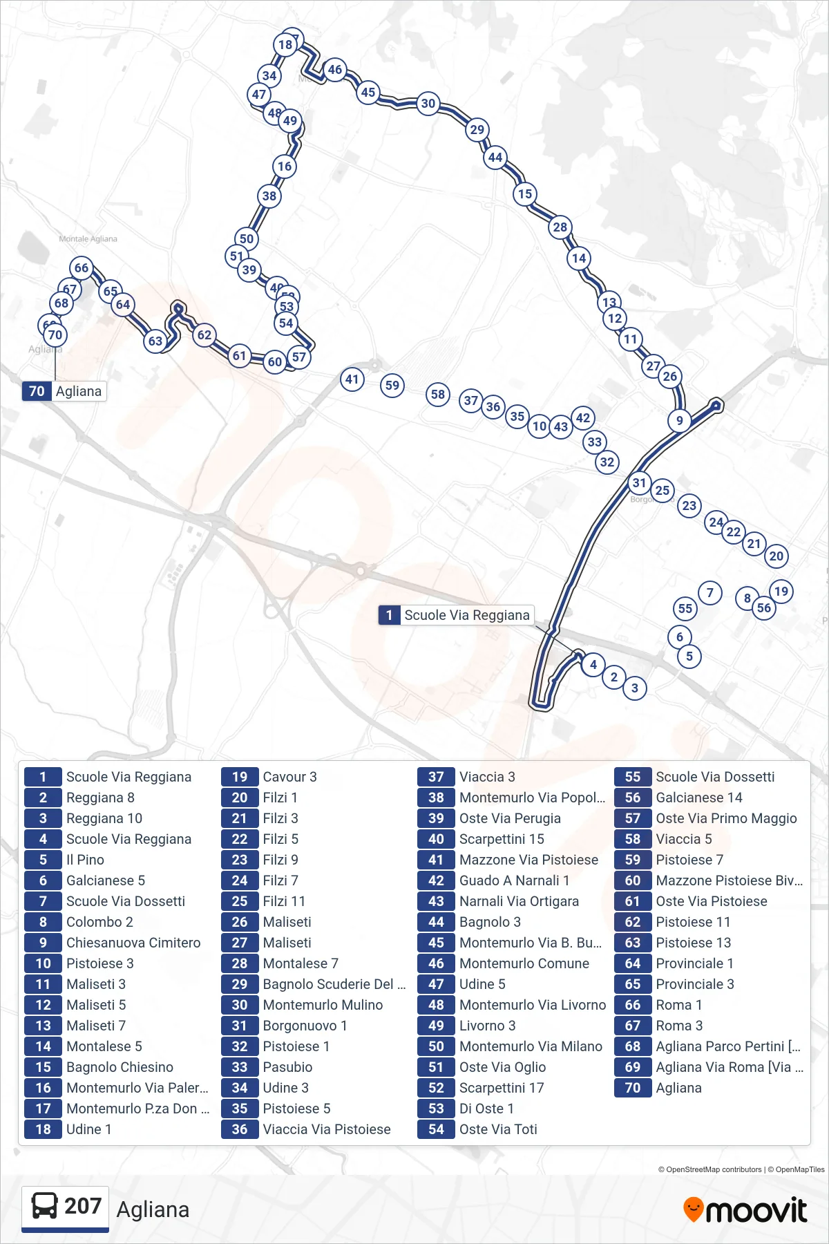 Linea 207 tram (Agliana) - Percorsi e fermate sulla mappa