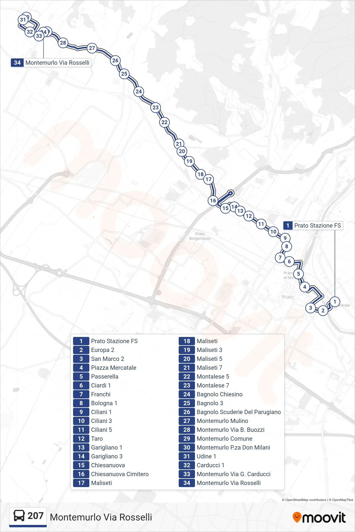 Linea 207 tram (Montemurlo Via Rosselli) - Percorsi e fermate sulla mappa