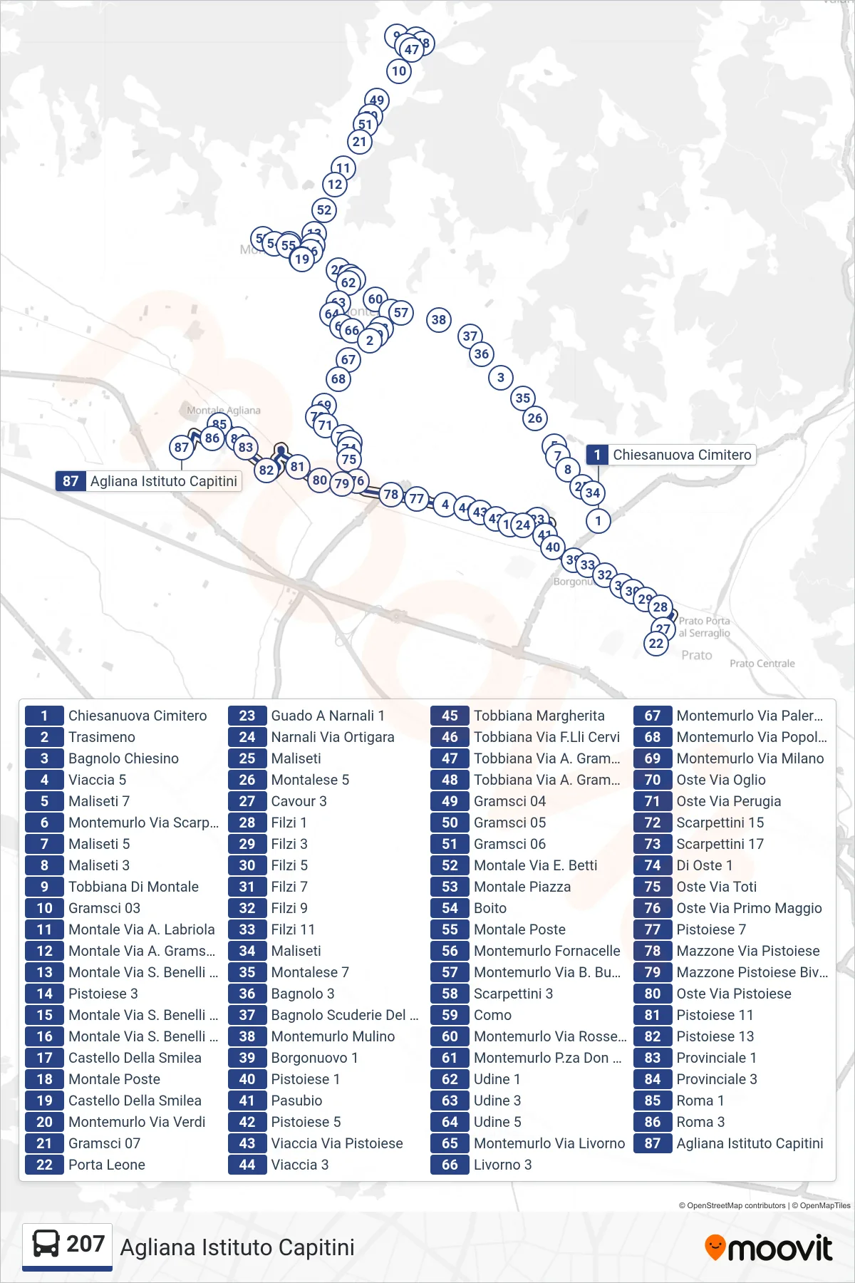 Linea 207  tram (Agliana Istituto Capitini) - Percorsi e fermate sulla mappa
