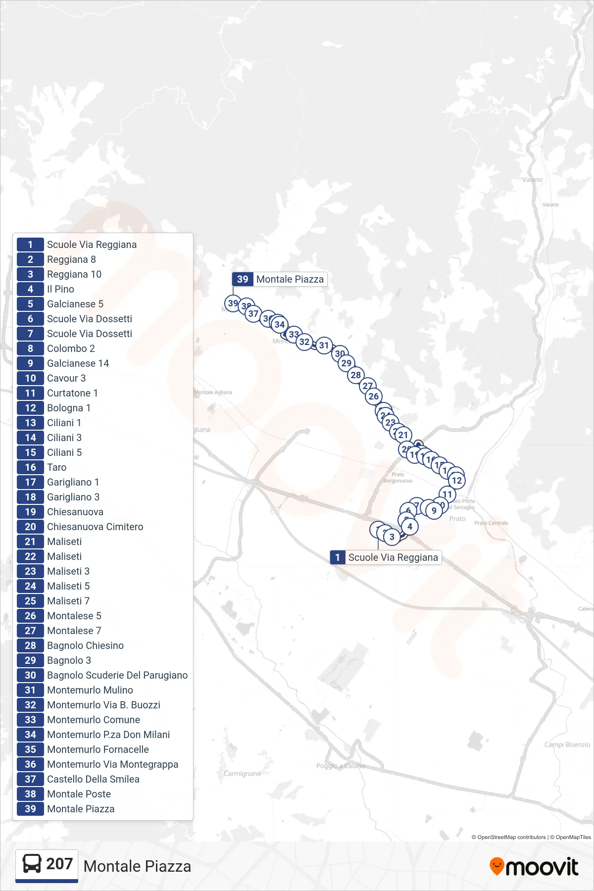 Linea 207  tram (Montale Piazza) - Percorsi e fermate sulla mappa