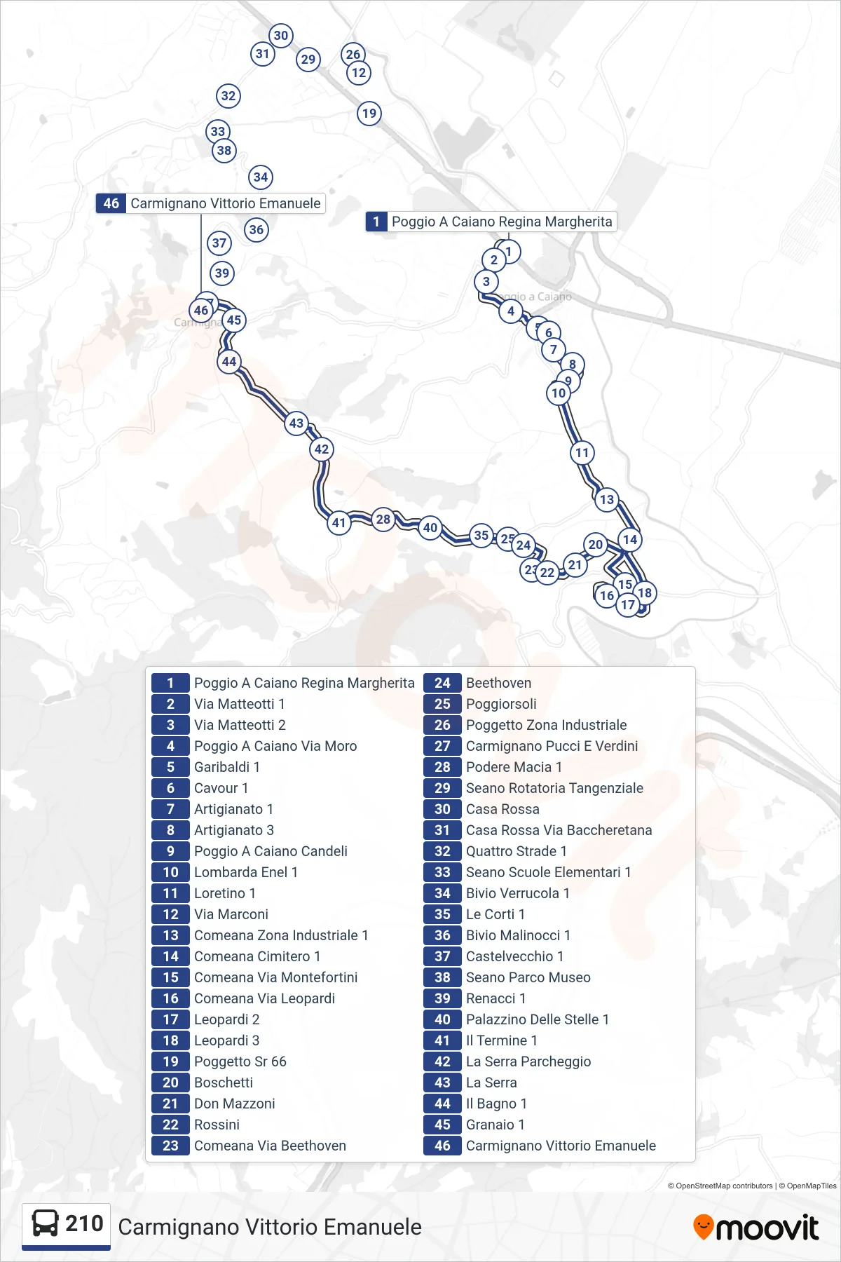 Linea 210  tram (Carmignano Vittorio Emanuele) - Percorsi e fermate sulla mappa