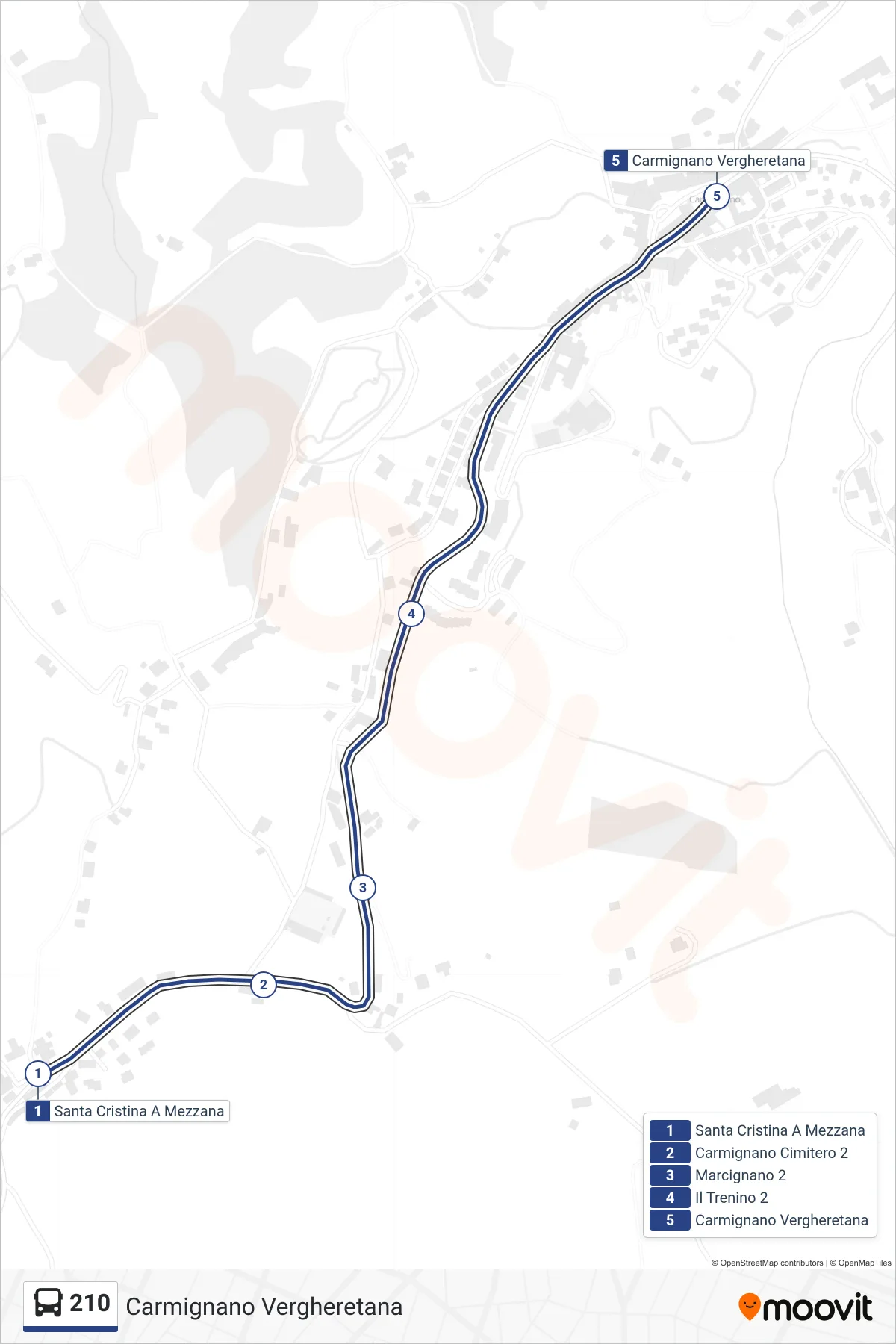 Linea 210  tram (Carmignano Vergheretana) - Percorsi e fermate sulla mappa